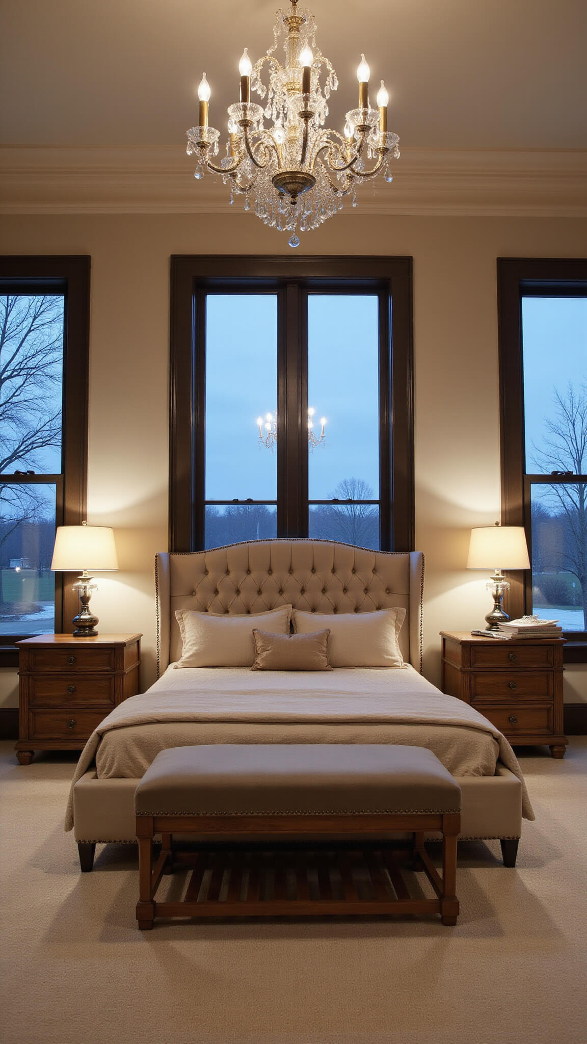 Luxurious 16x18ft primary bedroom at dusk with tufted linen bed, floor-to-ceiling windows, vintage chandelier, weathered oak nightstands, mercury glass lamps, and cream wool carpet.