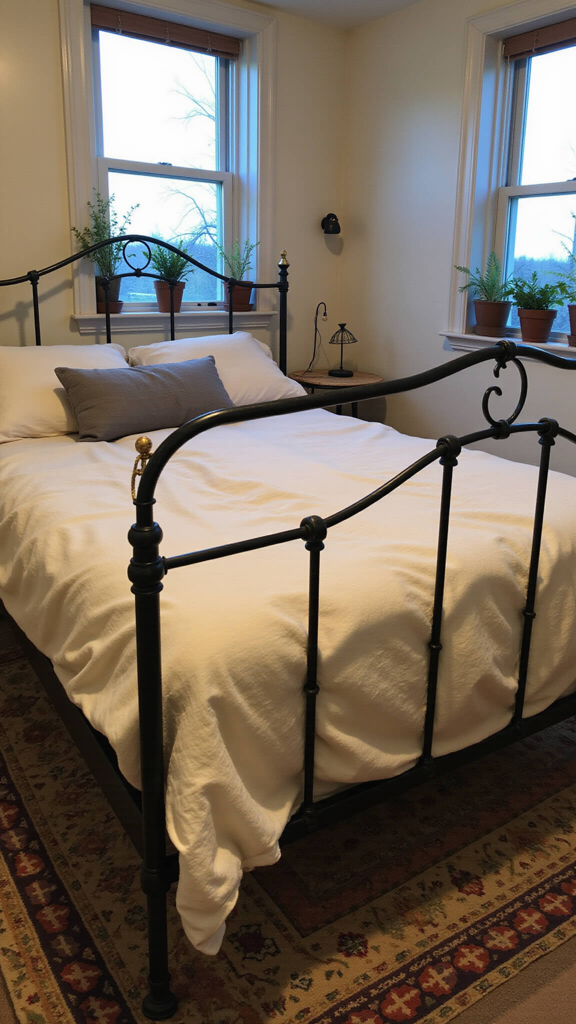 Cozy 13x15ft bedroom at twilight with antique black iron bed, warm white Belgian linens, vintage kilim rug, mixed metal bedside tables, potted herbs on windowsills, and layered ambient lighting.
