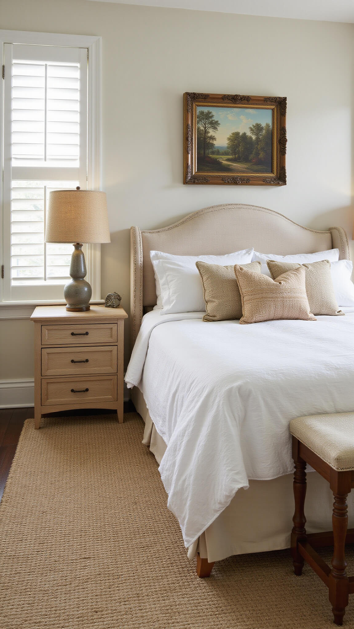 Symmetrical bedroom with curved canvas headboard, matching oak nightstands, ceramic lamps, wool sisal rug, and vintage landscape art in afternoon sunlight.