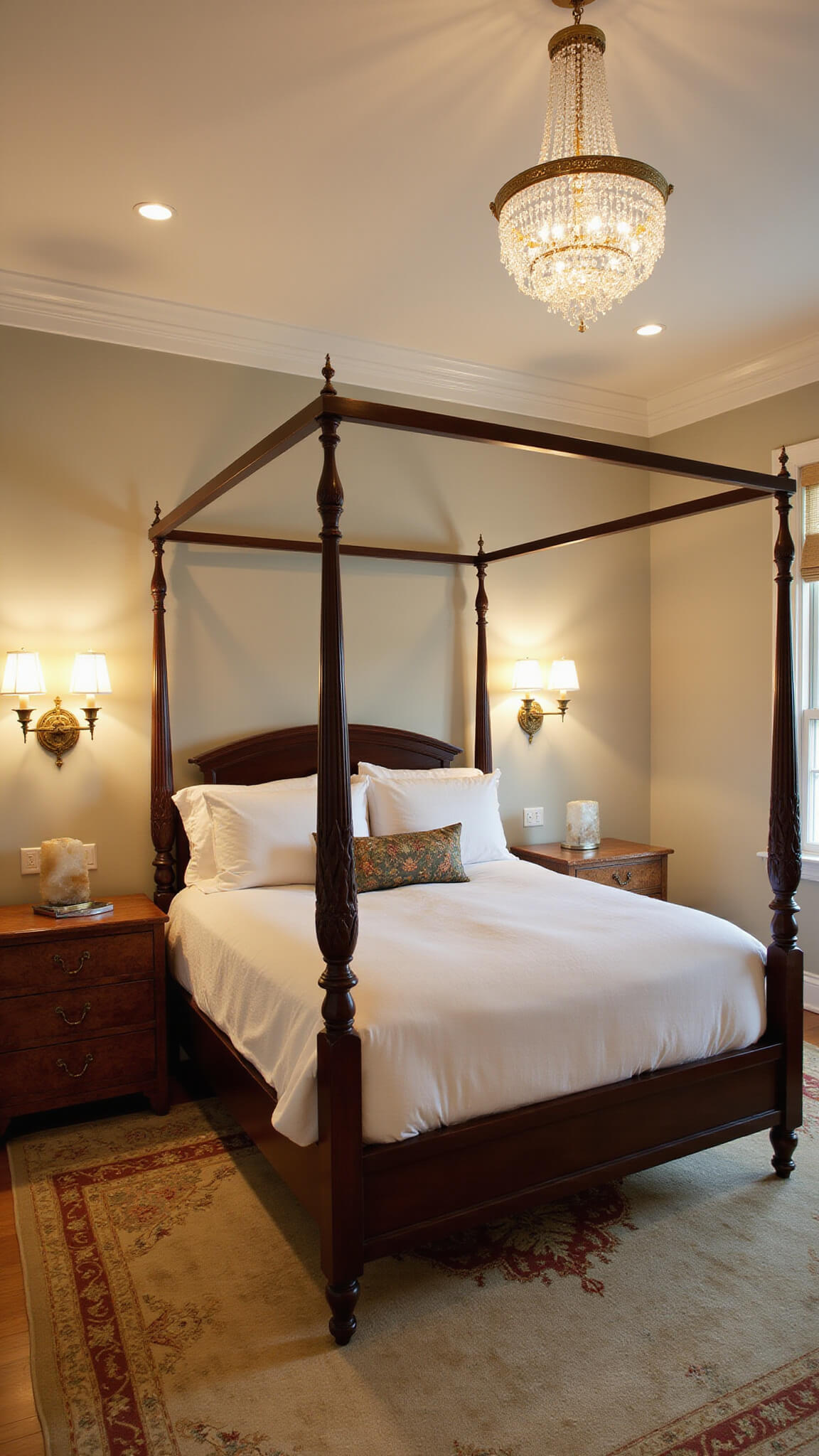 Luxurious 16x20ft bedroom at sunset with dark mahogany canopy bed, hotel-white linens, crystal chandelier, burled wood nightstands, alabaster lamps, and muted Aubusson rug.