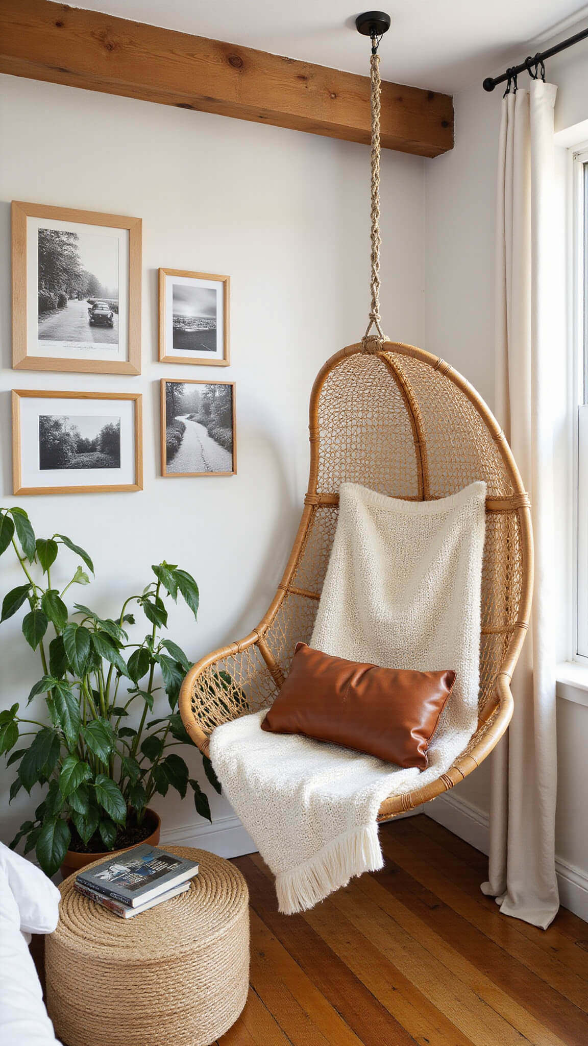 Cozy corner reading nook with rattan hanging chair, knit throw, leather pillow, gallery wall of black and white travel photos, jute pouf, pothos plants, and woven book basket in warm mid-morning light.