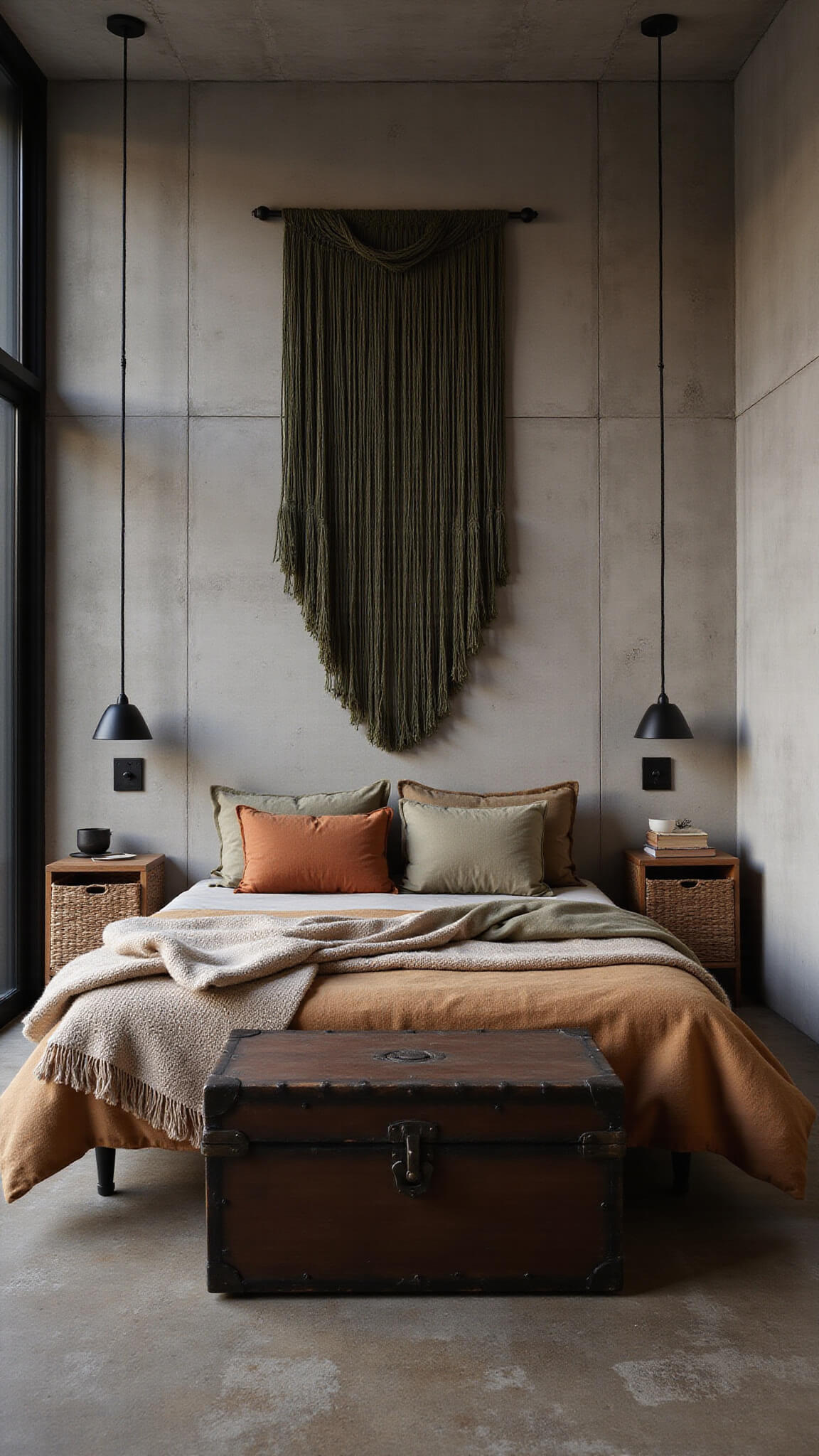 Modern bachelor bedroom at dusk with king bed in earth-toned linens, black macramé wall hanging, matte black sconces, concrete accent wall, and warm moody lighting.