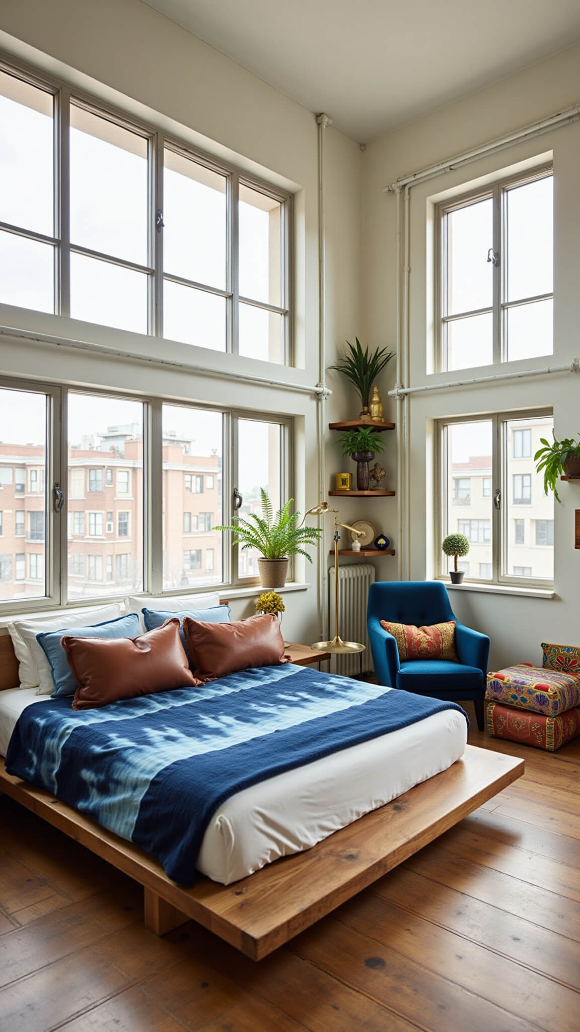 Eclectic sunlit loft bedroom with platform bed, peacock chair corner, global decor, and industrial windows.