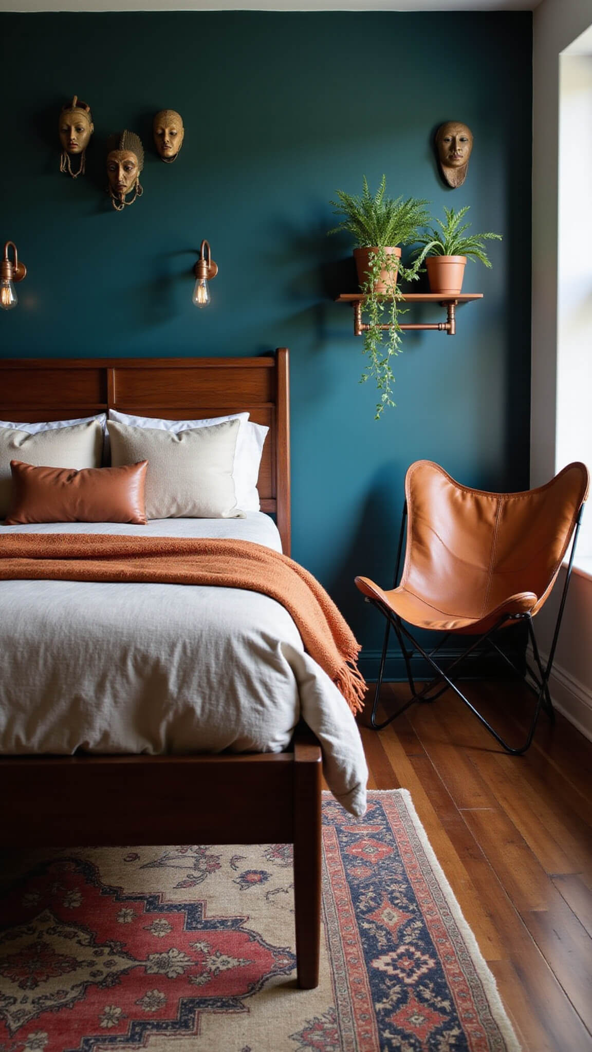Cozy mid-century modern bedroom with dark teal accent wall, vintage rug, tribal masks, and warm Edison bulb lighting.