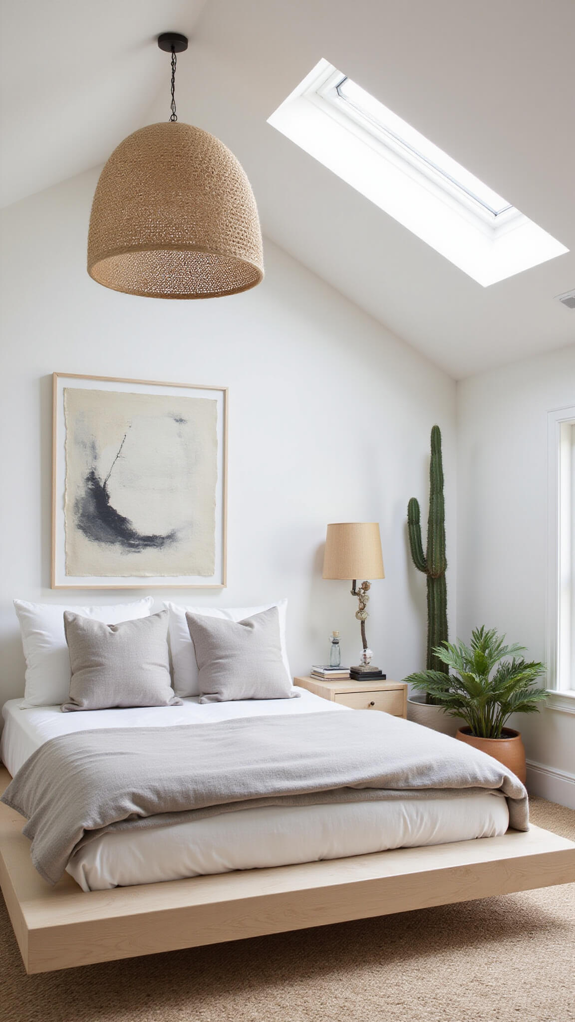 Minimalist boho bedroom with floating bleached oak bed, layered neutral textiles, abstract wall art, woven pendant light, desert plants, and vaulted ceiling with skylight.