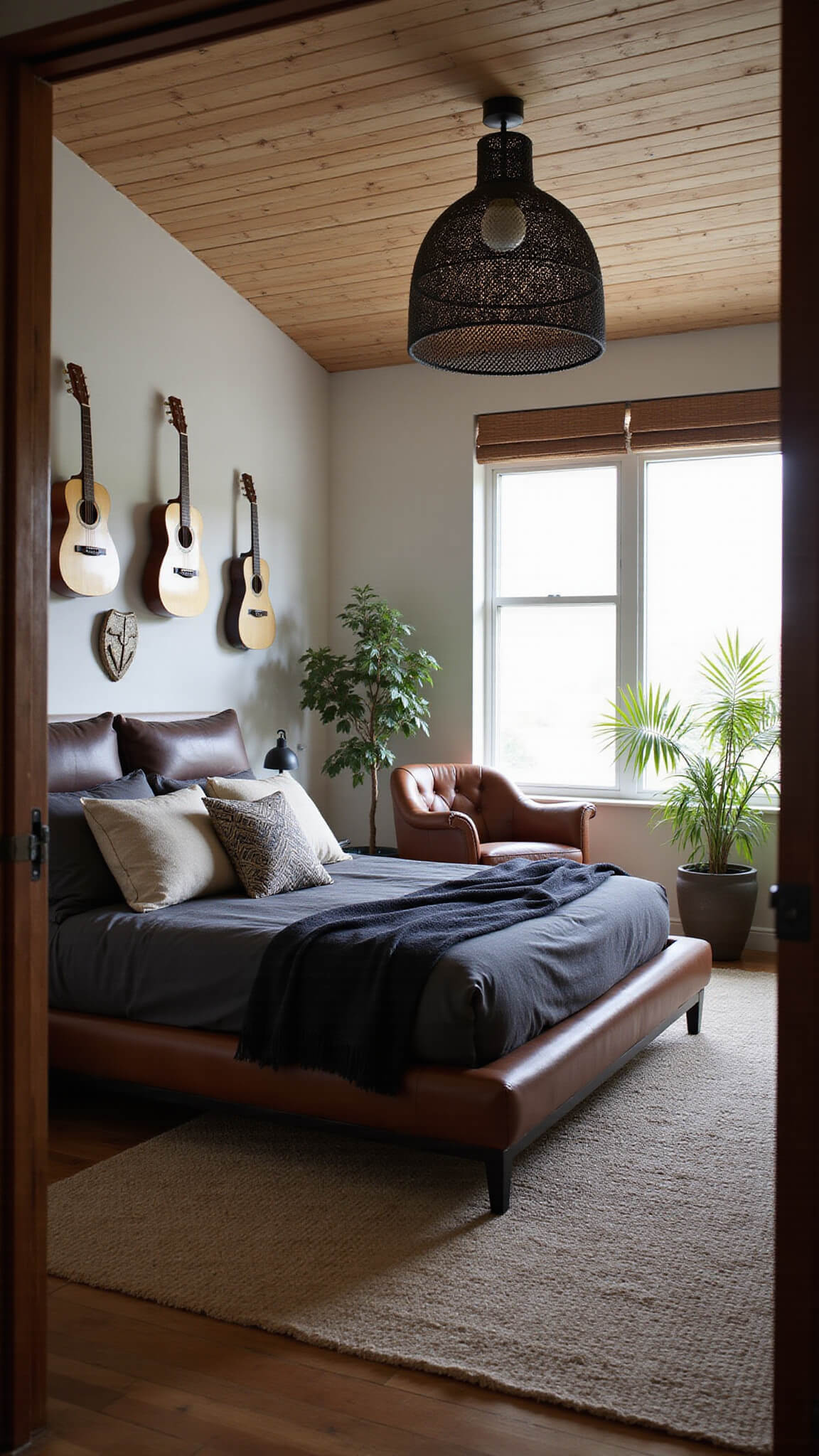 Masculine retreat bedroom with leather bed, tribal decor, mounted guitars, and early morning light through bamboo blinds.