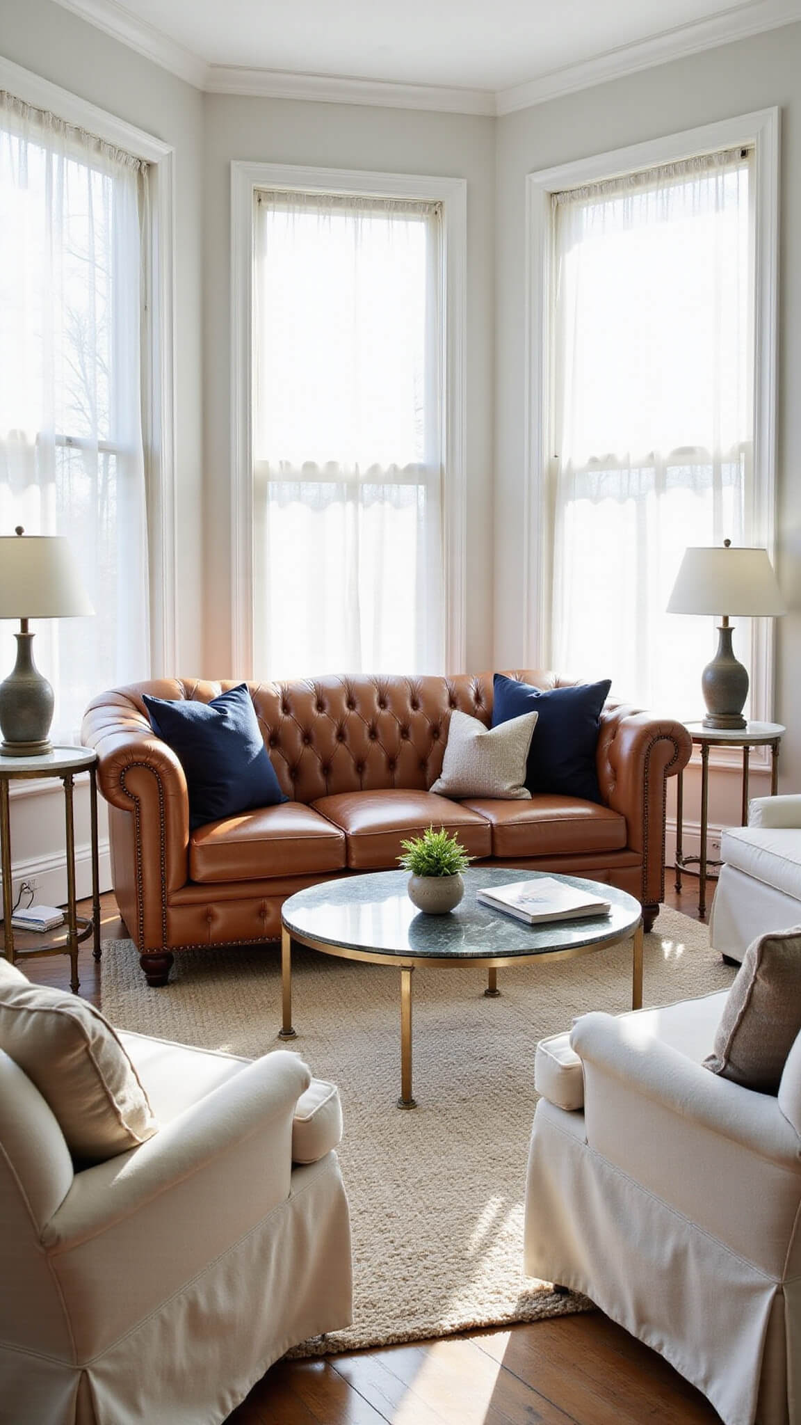 Sunlit transitional living room with cognac leather Chesterfield sofa, cream armchairs, ivory wool rug, and large bay windows filtering morning light through sheer curtains.