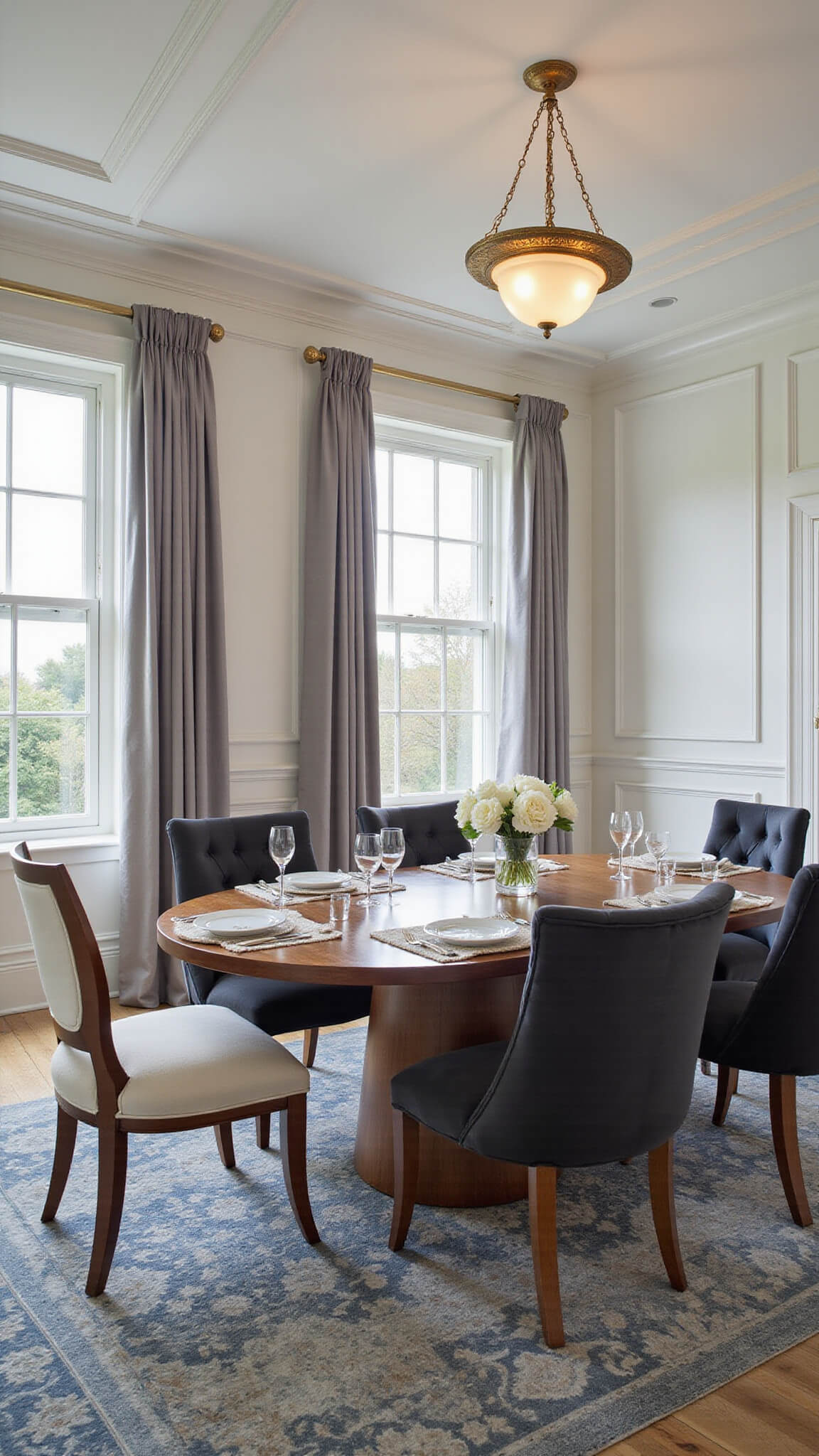 Elegant modern-traditional dining room with coffered ceilings, walnut oval table, mixed seating, and warm golden hour lighting.