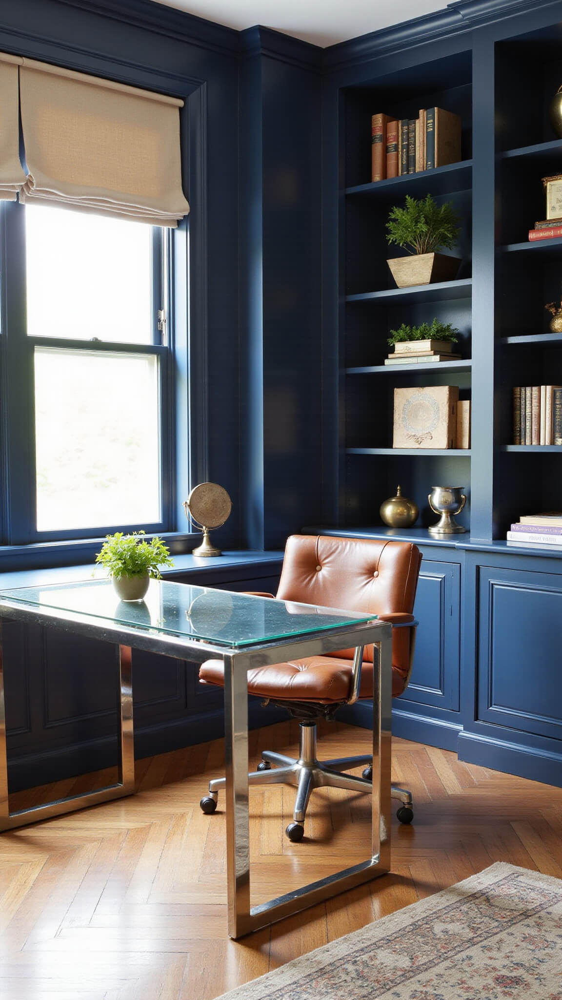 High-angle view of a sophisticated 12x14ft home office with built-in navy bookshelves, polished nickel and glass desk, vintage leather chair, herringbone wood floors, and styled floating shelves.