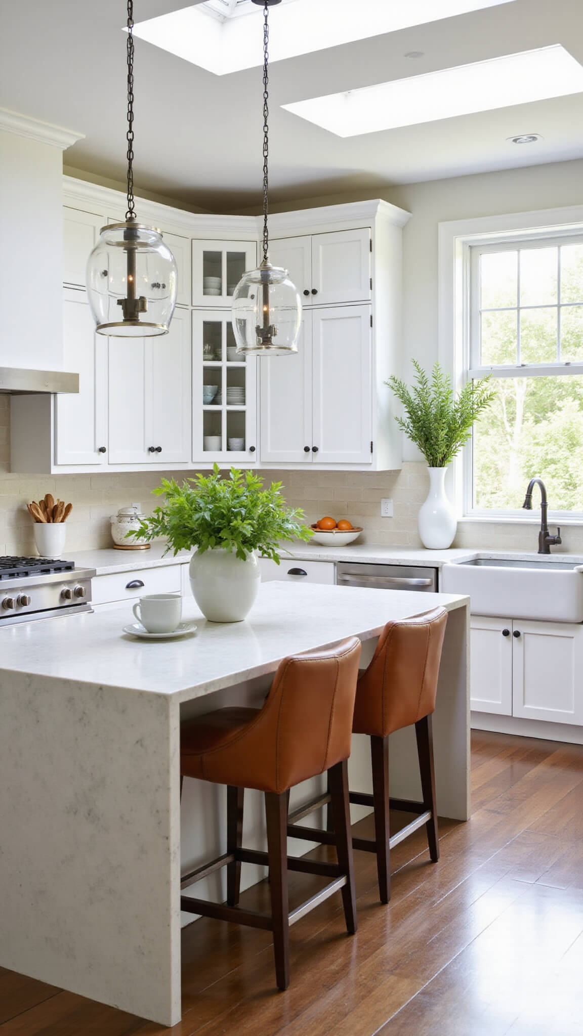 Transitional kitchen with marble waterfall island, white shaker cabinets, and cognac leather barstools under soft skylight.