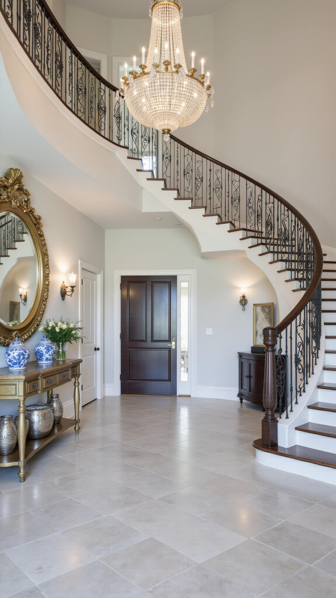 Elegant foyer with curved staircase, herringbone marble floors, crystal chandelier, mirrored console table with decor, and large gilded mirror reflecting light.