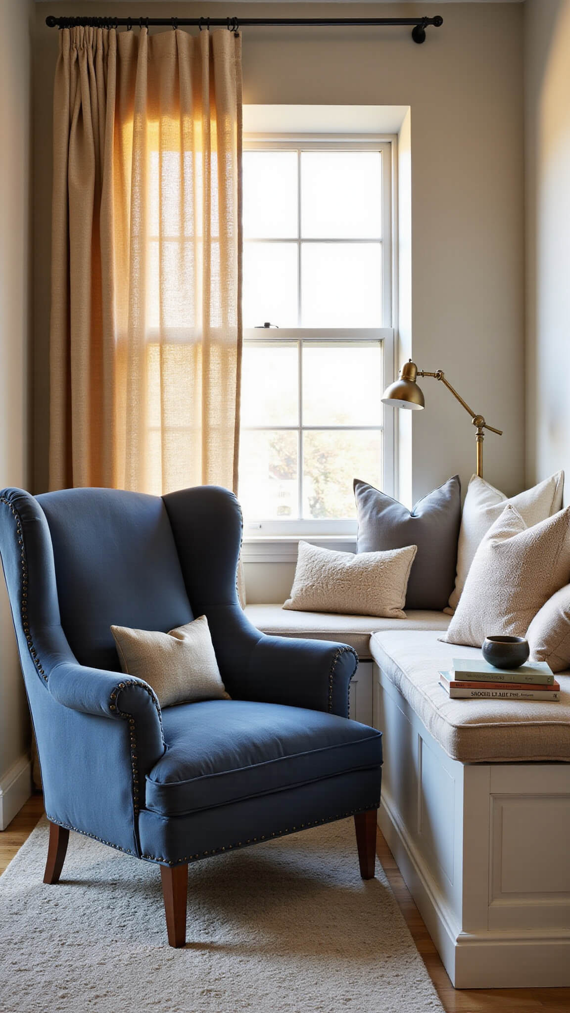 Cozy reading nook with slate blue velvet wingback chair, brass lamp, textured cushions, and golden hour light through sheer curtains.