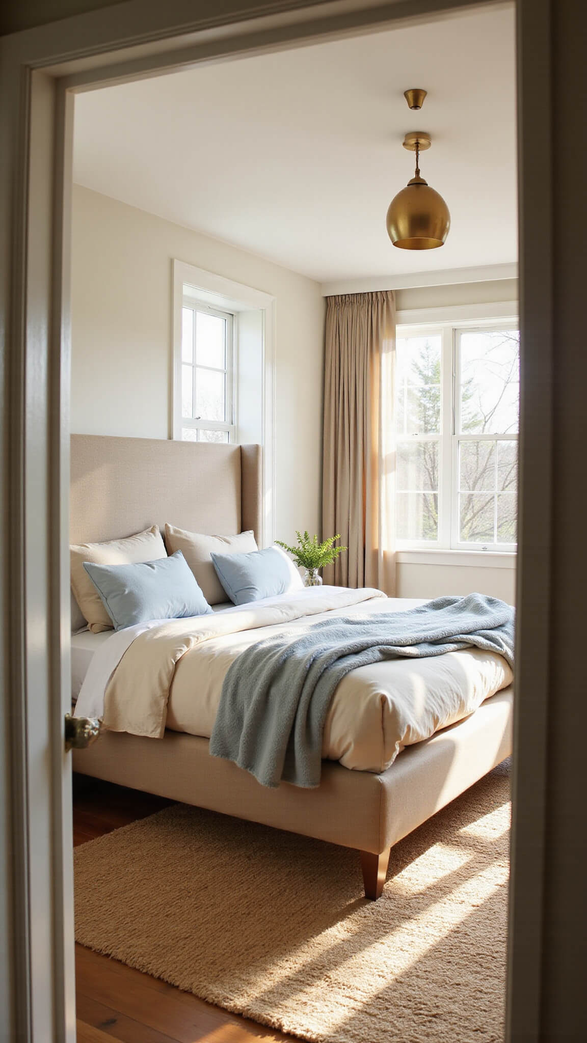 Serene modern bedroom with king bed, layered neutral bedding, brass pendant light, and golden hour sunlight through floor-to-ceiling windows.