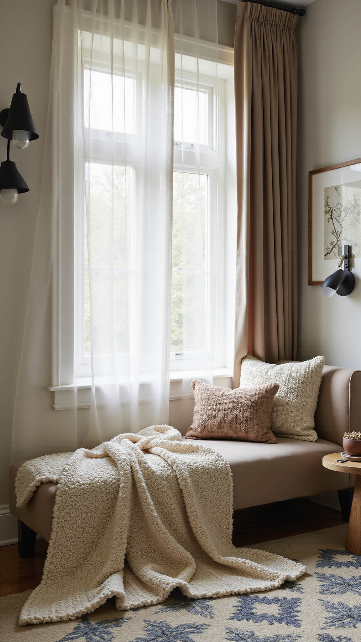 Cozy 12x14ft bedroom with diffused morning light, featuring ivory chunky knit throw on velvet bench, geometric wool rug, raw silk curtains, and matte black lighting accents.