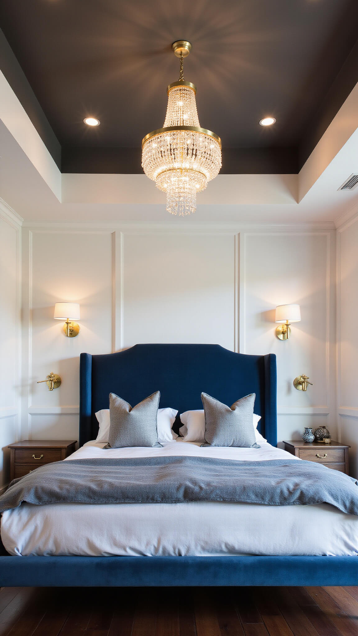 Low-angle view of master bedroom with 10ft tray ceiling, modern crystal chandelier, navy velvet headboard, white paneled wall, and brass sconces at dusk.