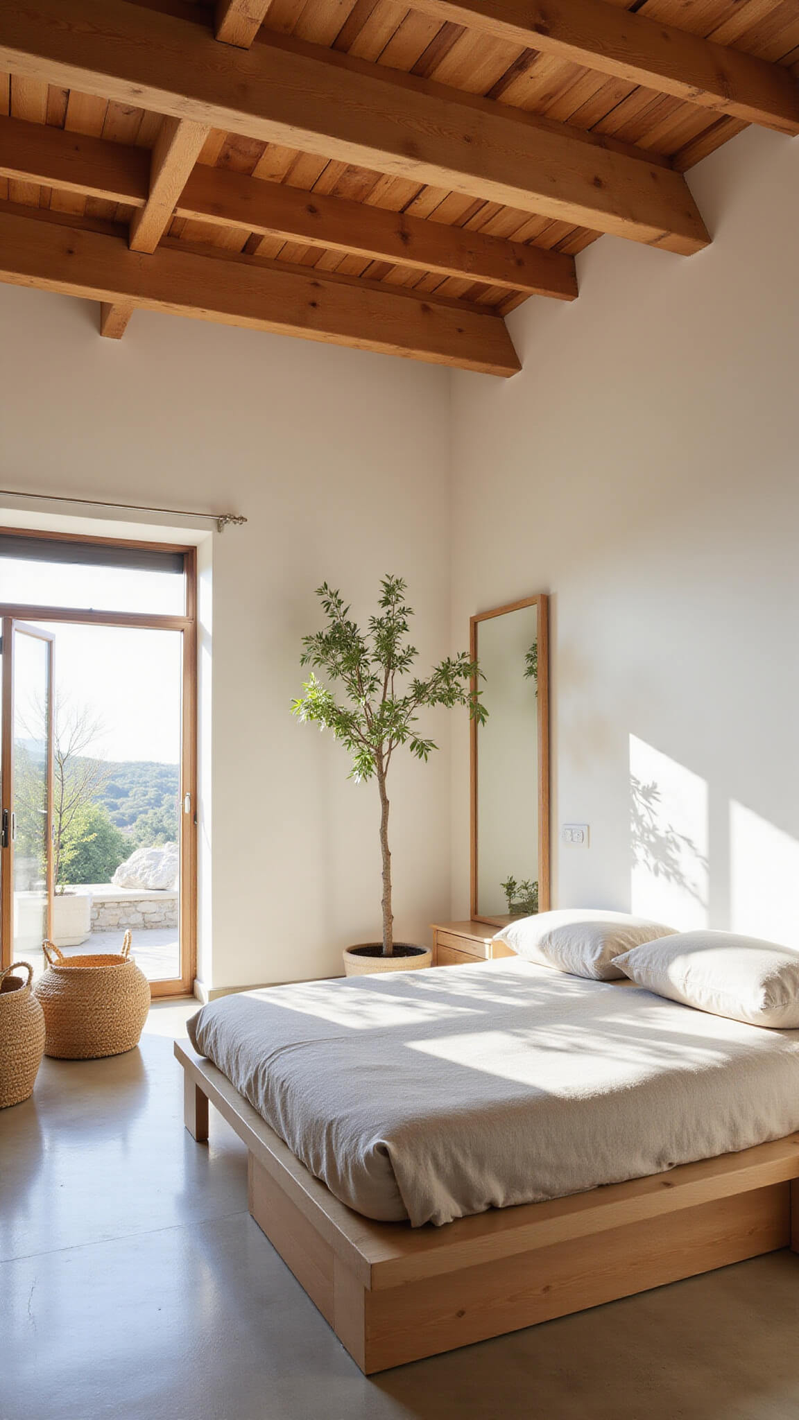 Sunlit minimalist bedroom with exposed wooden beams, bleached oak platform bed, stone-washed linen, potted olive tree, and handwoven baskets during golden hour.