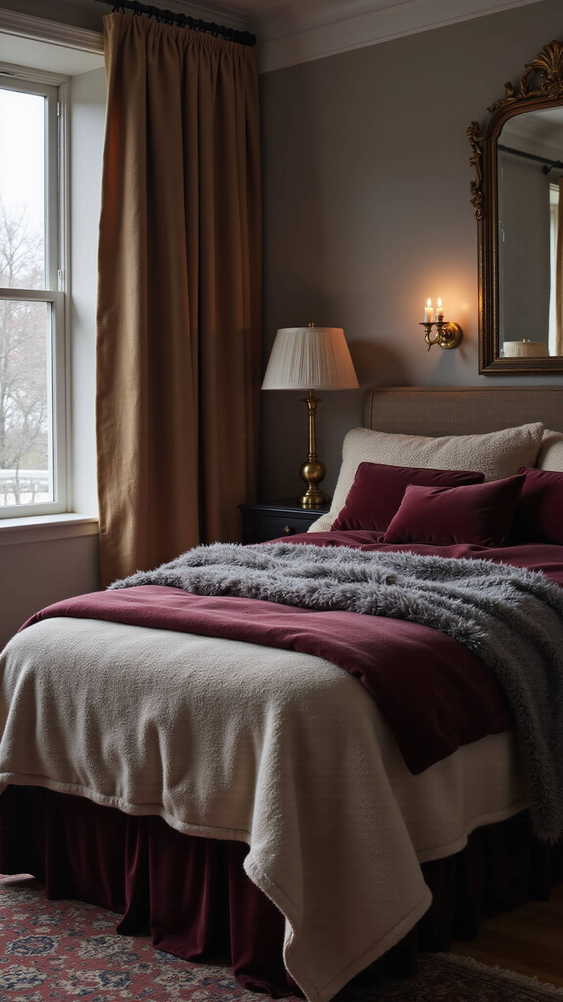 Cozy winter bedroom with velvet, wool, and faux fur in burgundy, charcoal, and cream under warm lighting, featuring a vintage brass lamp and antique mirror reflecting candlelight.