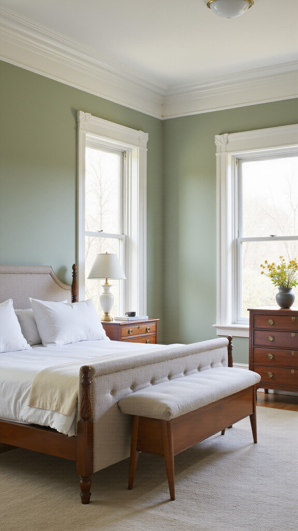 Victorian bedroom with crown molding, sage green walls, modern furnishings, mid-century bed, vintage nightstands, bay windows with morning light.