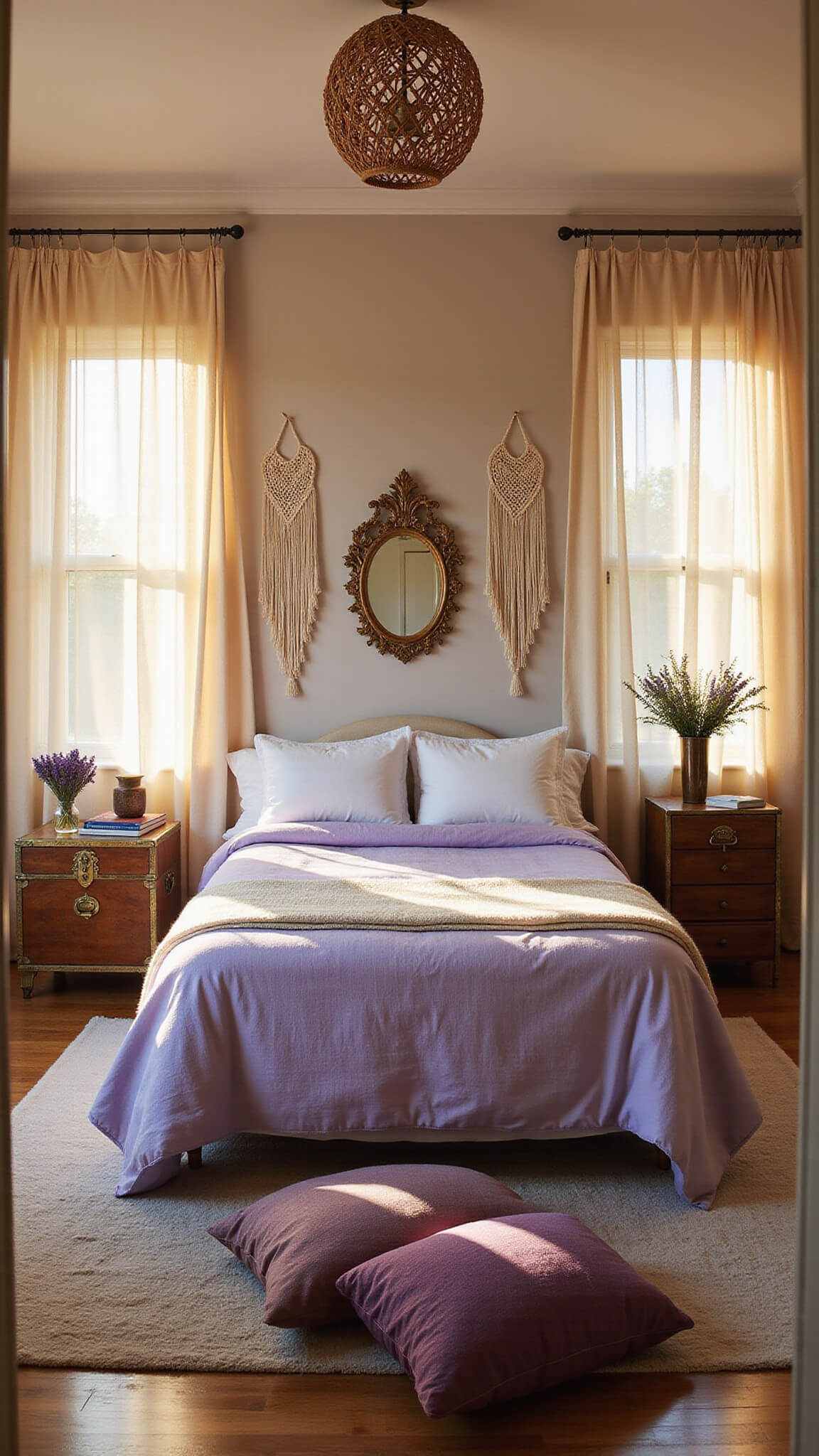 Lavender canopy bed in sunlit bedroom with sheer curtains, vintage trunk nightstands, macramé wall decor, and Moroccan floor pillows.