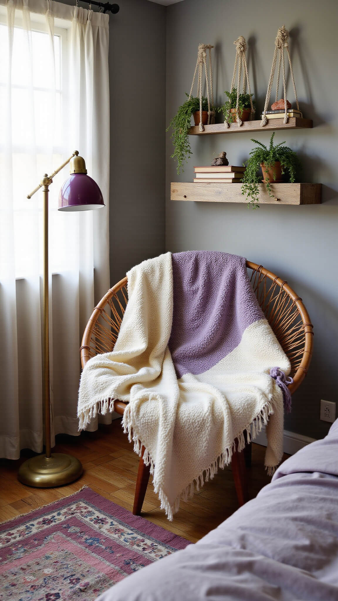 Boho bedroom reading nook with rattan peacock chair, chunky knit throws, hanging plants, vintage rugs, and ambient brass lamp in soft morning light.