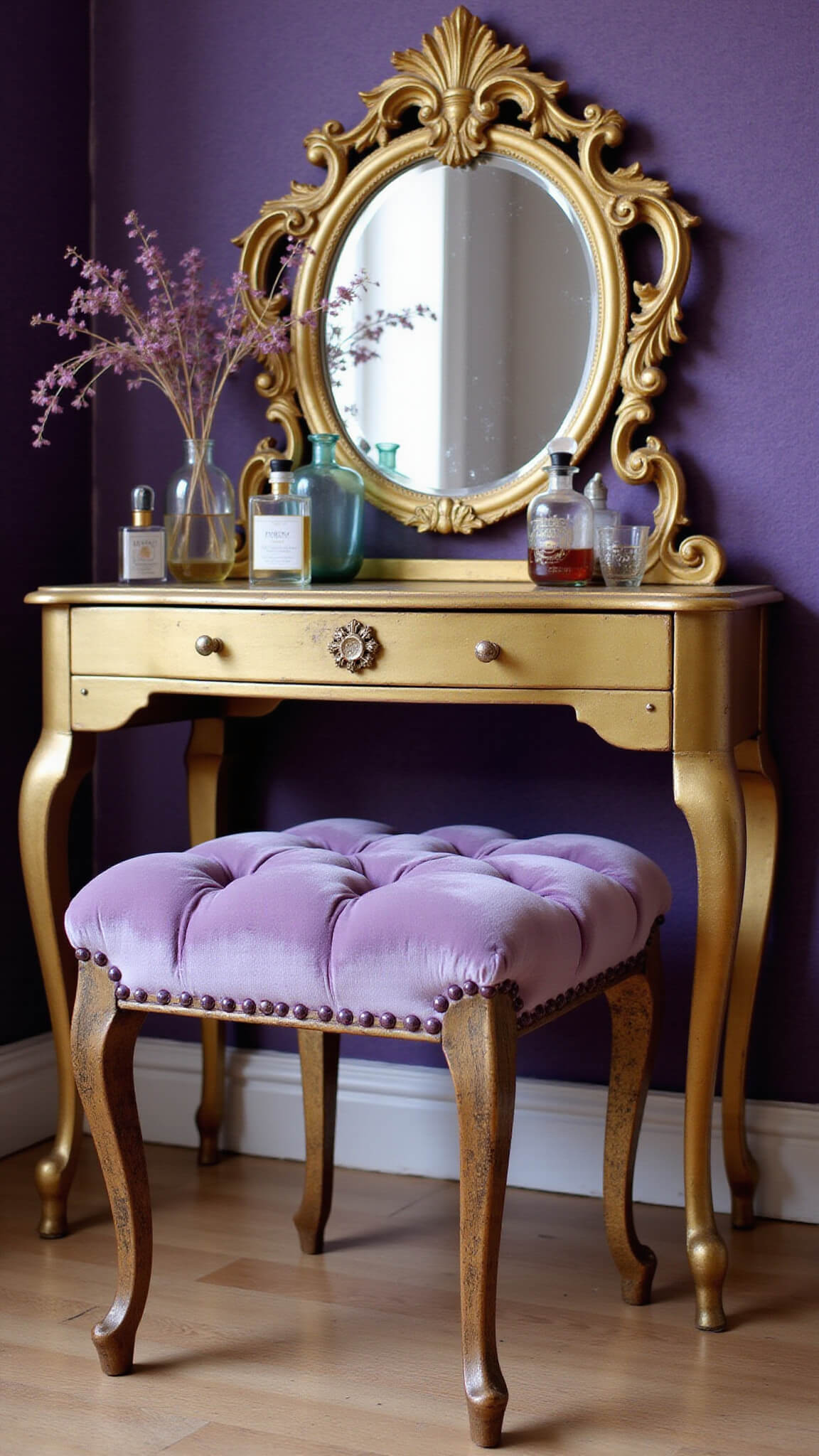 Art deco gold vanity with velvet lavender stool, vintage perfume bottles, ornate mirror, and dried flowers against textured purple wallpaper.