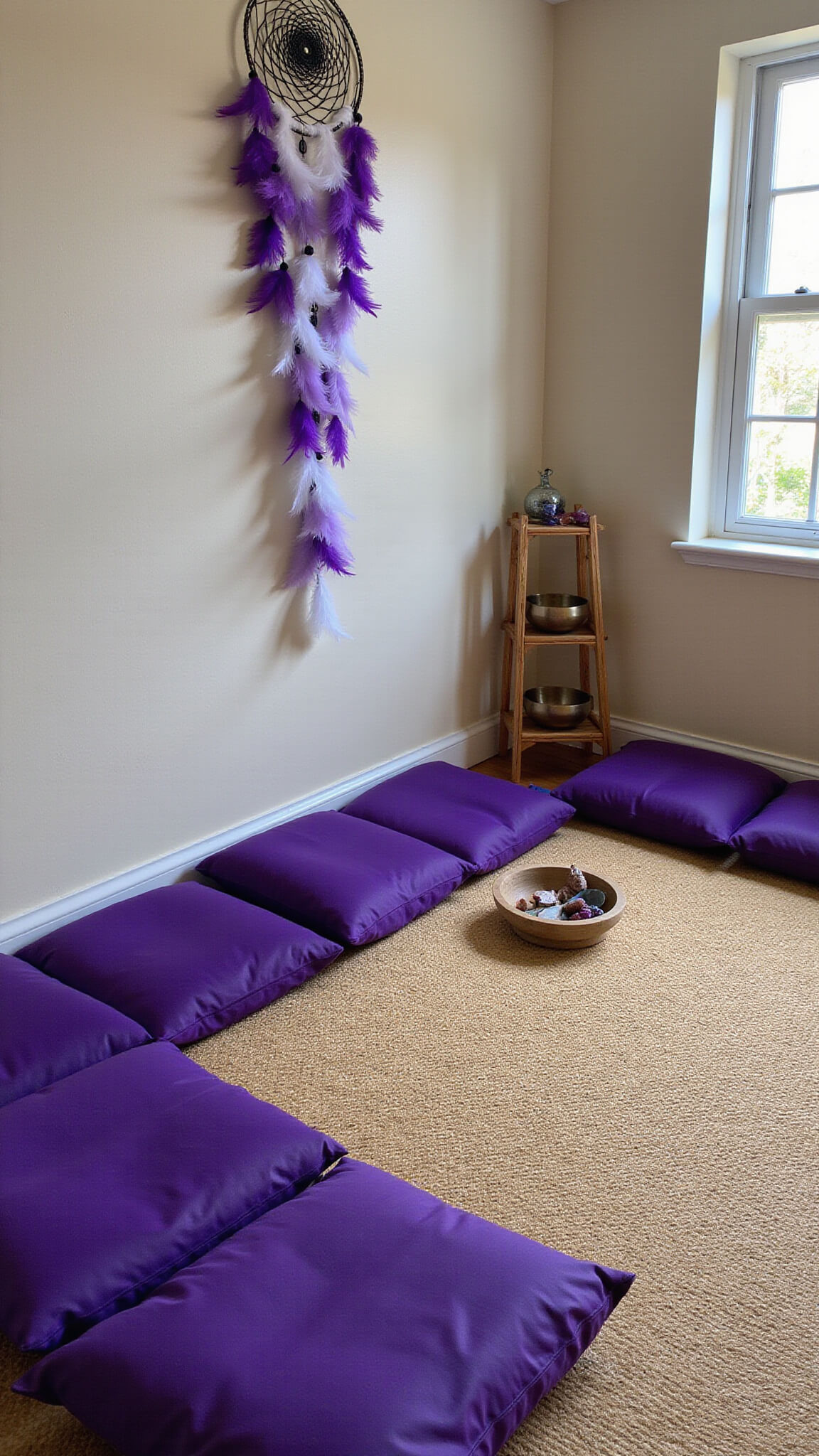 Window-side meditation space with purple floor cushions, dream catcher, lavender prayer flags, bamboo shelf with singing bowls and crystals, on a jute rug.