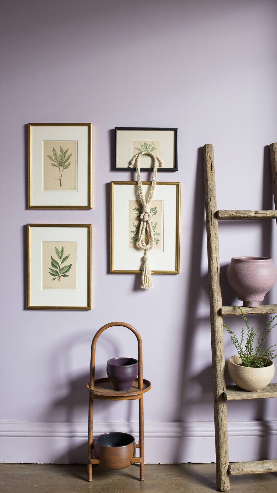 Gallery wall with vintage botanical prints in varied gold and black frames on pale lavender wall, featuring macramé hanging, air plants, and distressed ladder shelf with purple-toned pottery in dramatic late afternoon light.