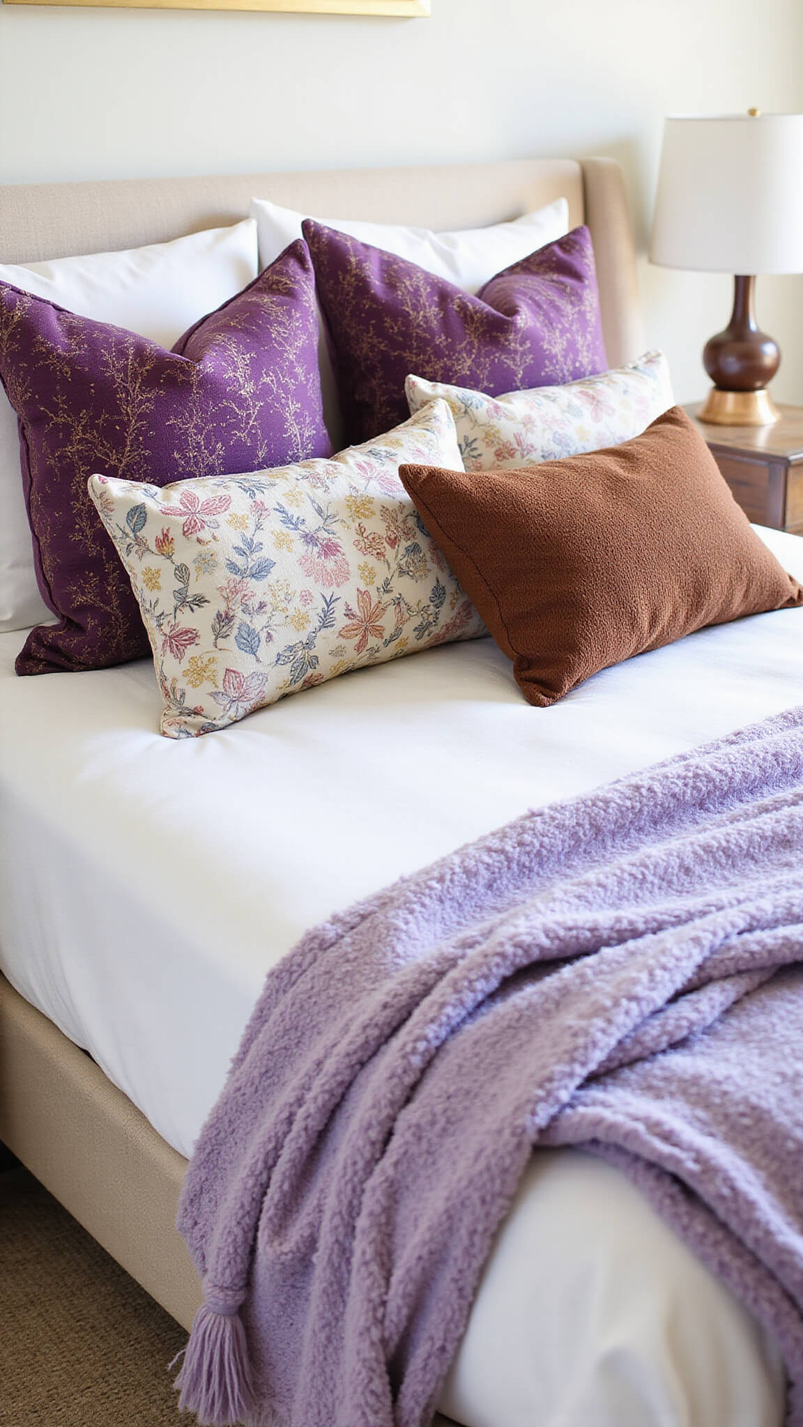 Layered bed styling with white linens, purple vintage Kantha quilt, global print and velvet throw pillows, lavender knit throw, and copper accents in natural light.
