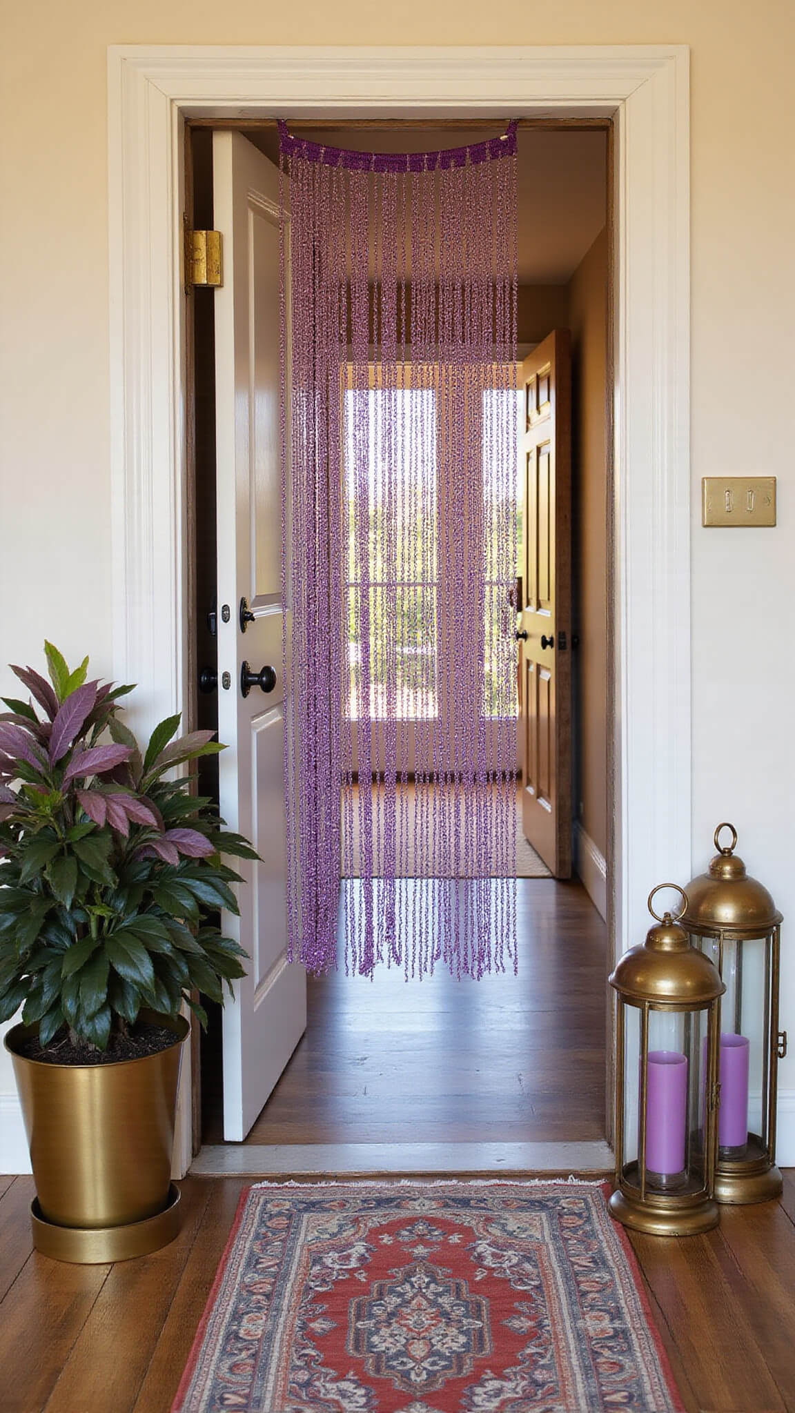 Doorway with purple and clear crystal beaded curtain, vintage lavender Persian runner, brass lanterns with purple glass, and a purple-tinged monstera plant in golden hour light.