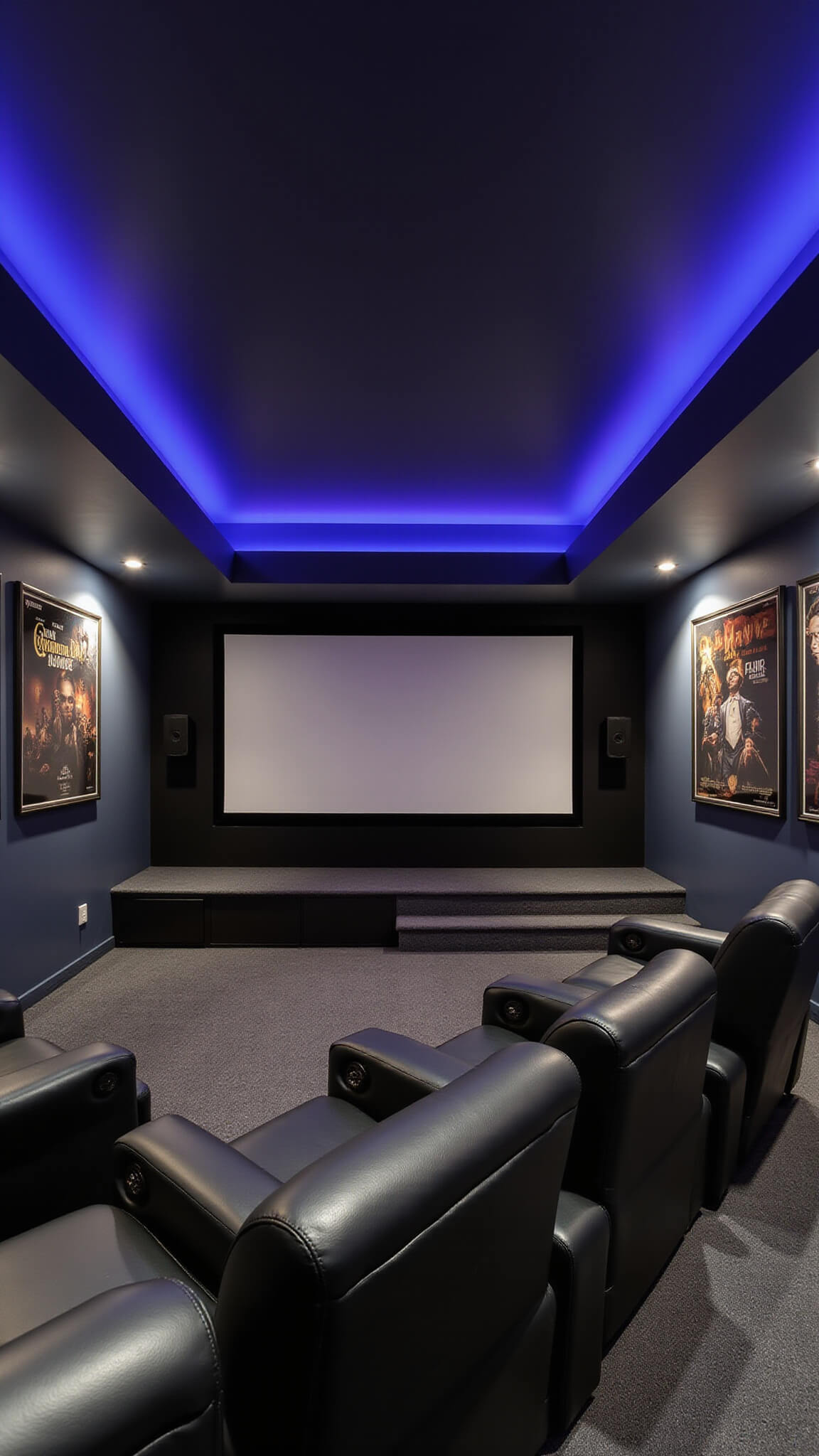 Intimate home theater with indigo and charcoal tones, featuring three black leather recliners, 120-inch screen, LED crown lighting, acoustic panels, and vintage backlit movie posters.