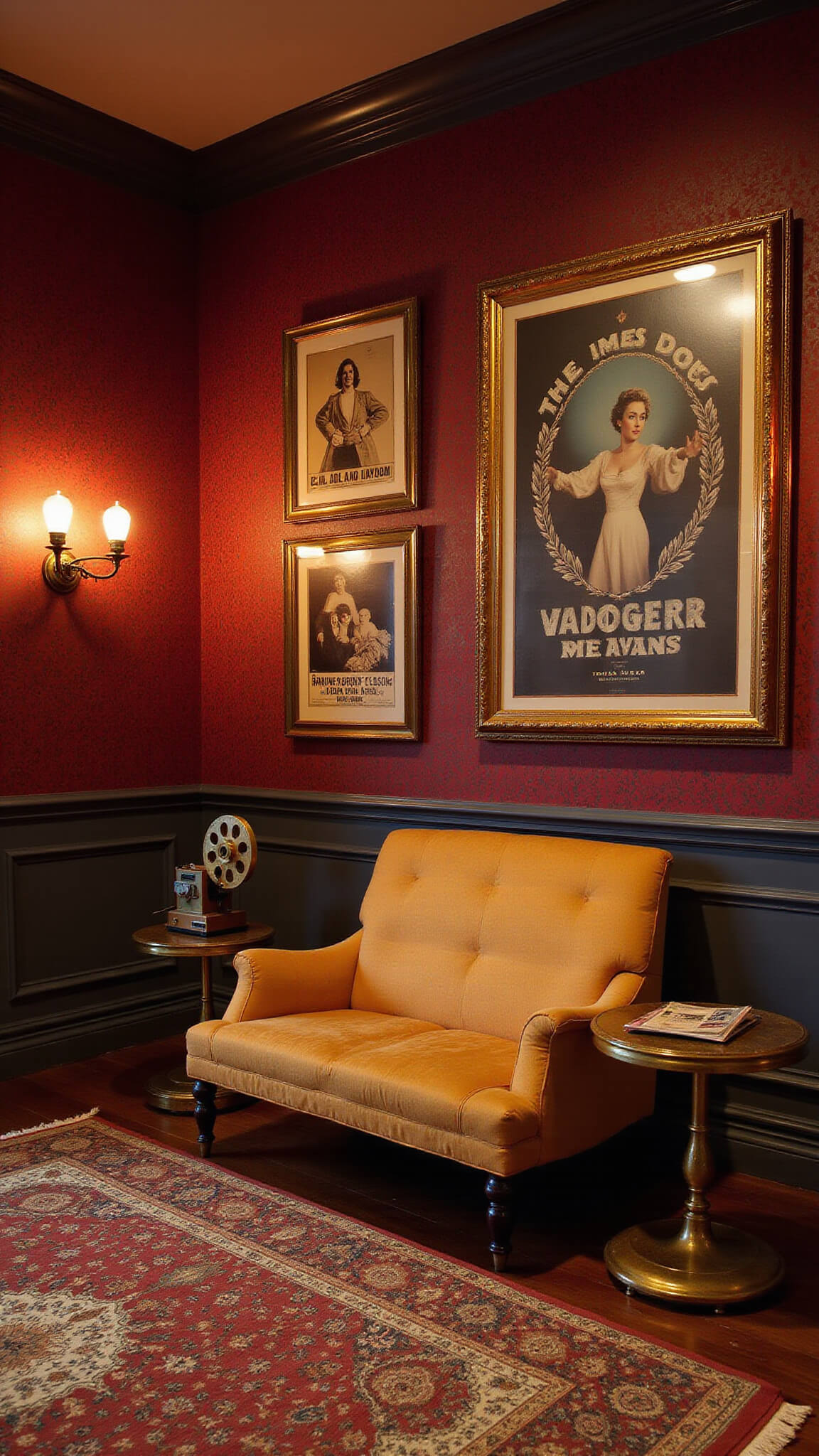 Cozy vintage cinema room with burgundy wallpaper, amber velvet loveseat, Hollywood posters, brass end tables, Edison bulb lighting, and Persian rug on hardwood floors.
