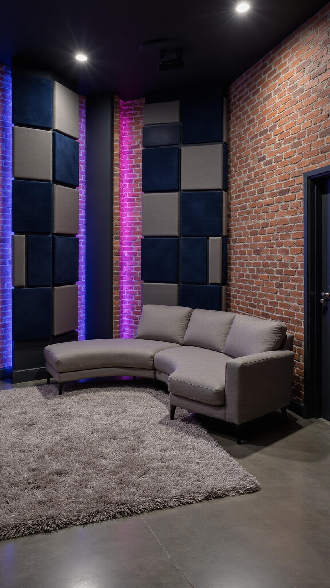 Contemporary small theater with exposed brick wall, geometric acoustic panels, gray curved sectional, rainbow LED lighting, and modern décor in industrial-modern style.