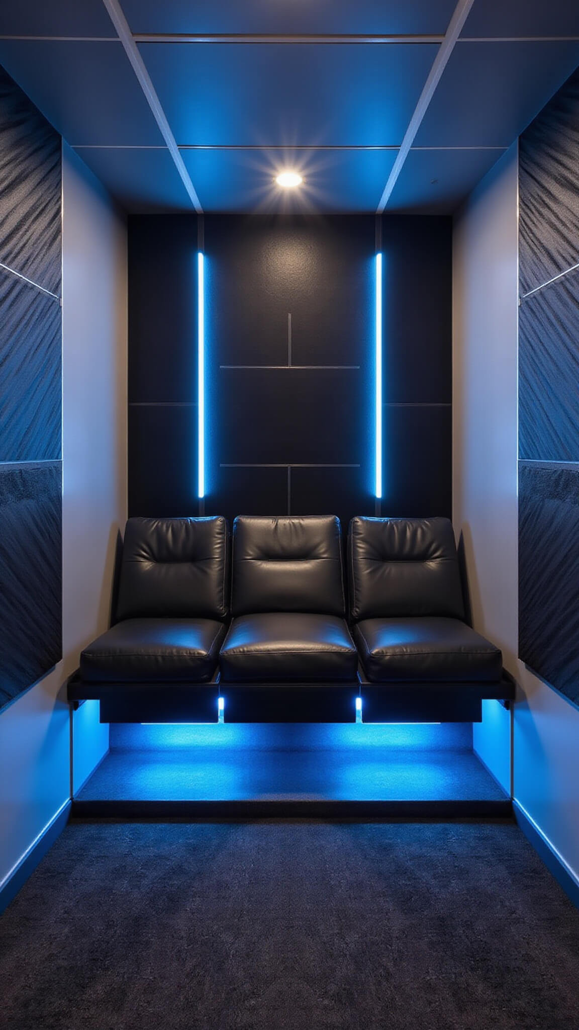 Futuristic micro theater with metallic gray walls, TRON-style LED grid lighting, black leather seating platform with storage, floating blue-lit equipment rack, carbon fiber acoustic panels, and programmable RGB lighting.