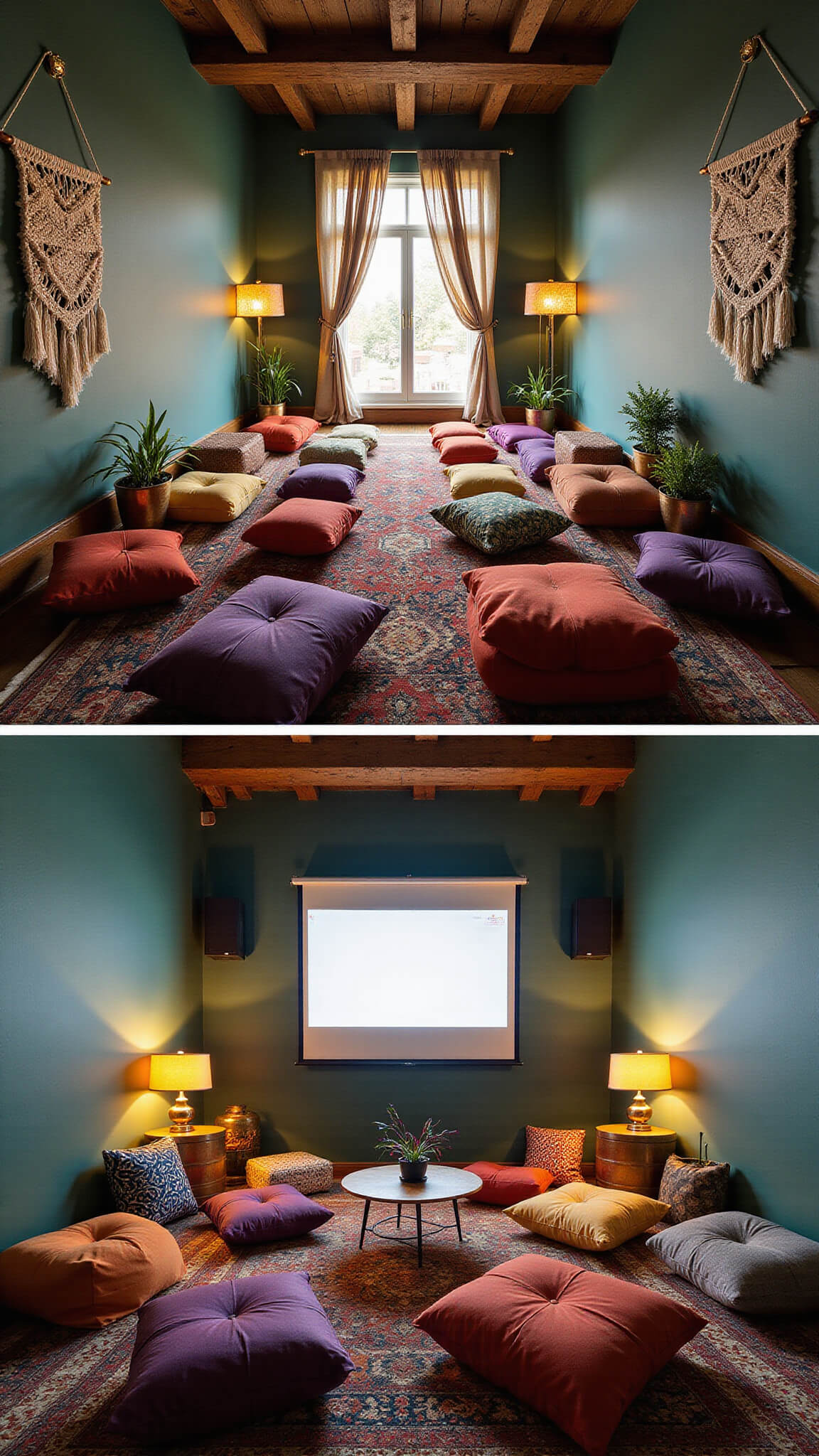Cozy bohemian theater den with jewel-toned floor cushions, teal walls, vintage rugs, macramé wall hanging, and warm golden-hour lighting.