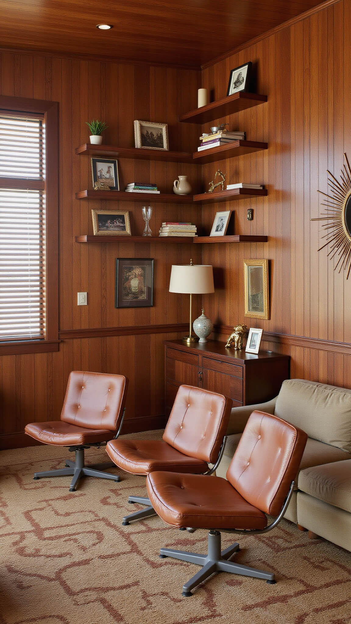 Mid-century modern home theater with walnut paneled walls, floating shelves of film memorabilia, two-tier seating with Barcelona chairs and a low sofa, sunburst mirror, brass mushroom floor lamp, and geometric earth-tone rug in filtered morning light.