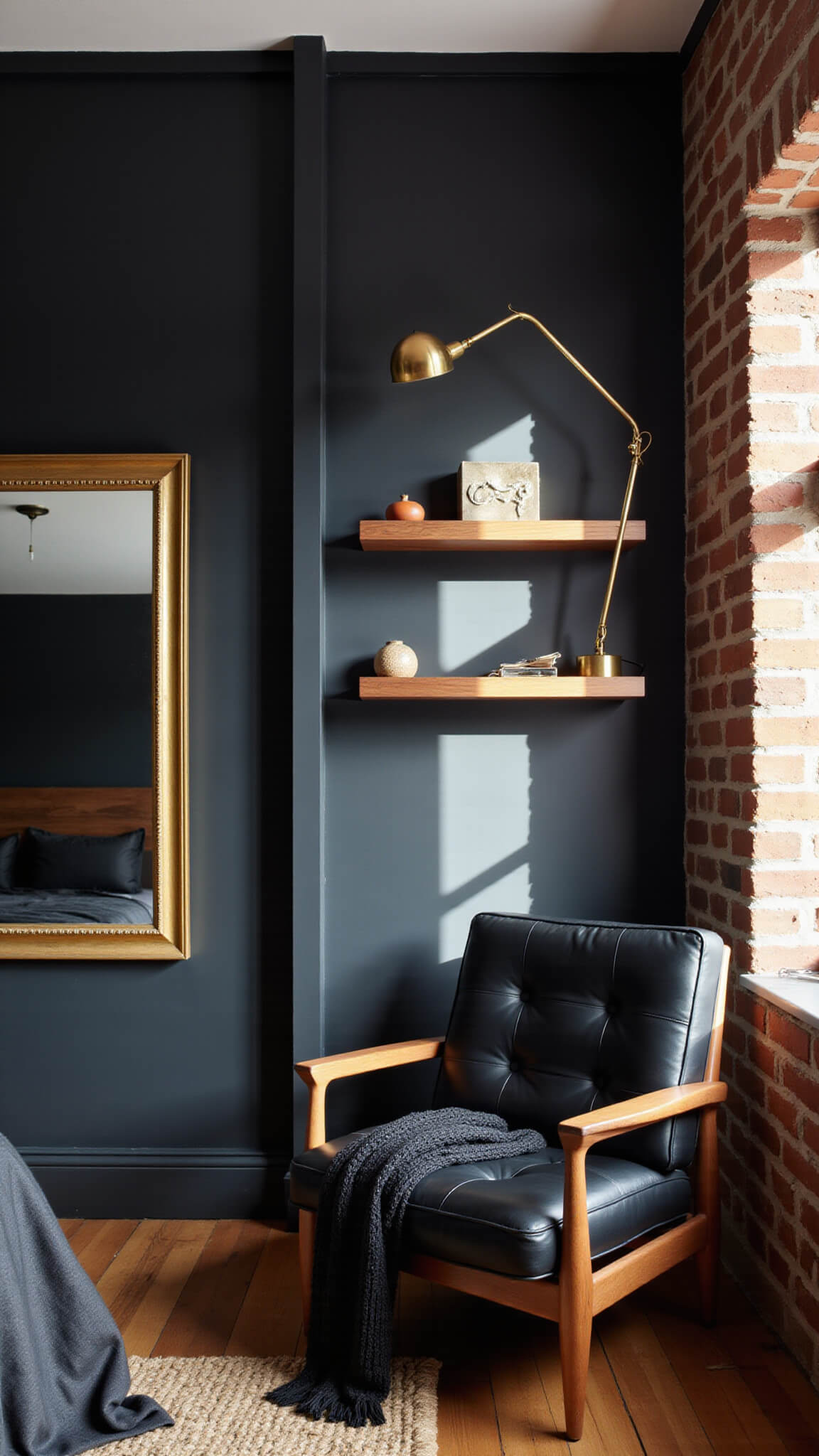 Modern black bedroom corner at dawn with black paneled accent wall, exposed brick, mid-century leather chair, brass lamp, floating walnut shelves, and vintage gold mirror.