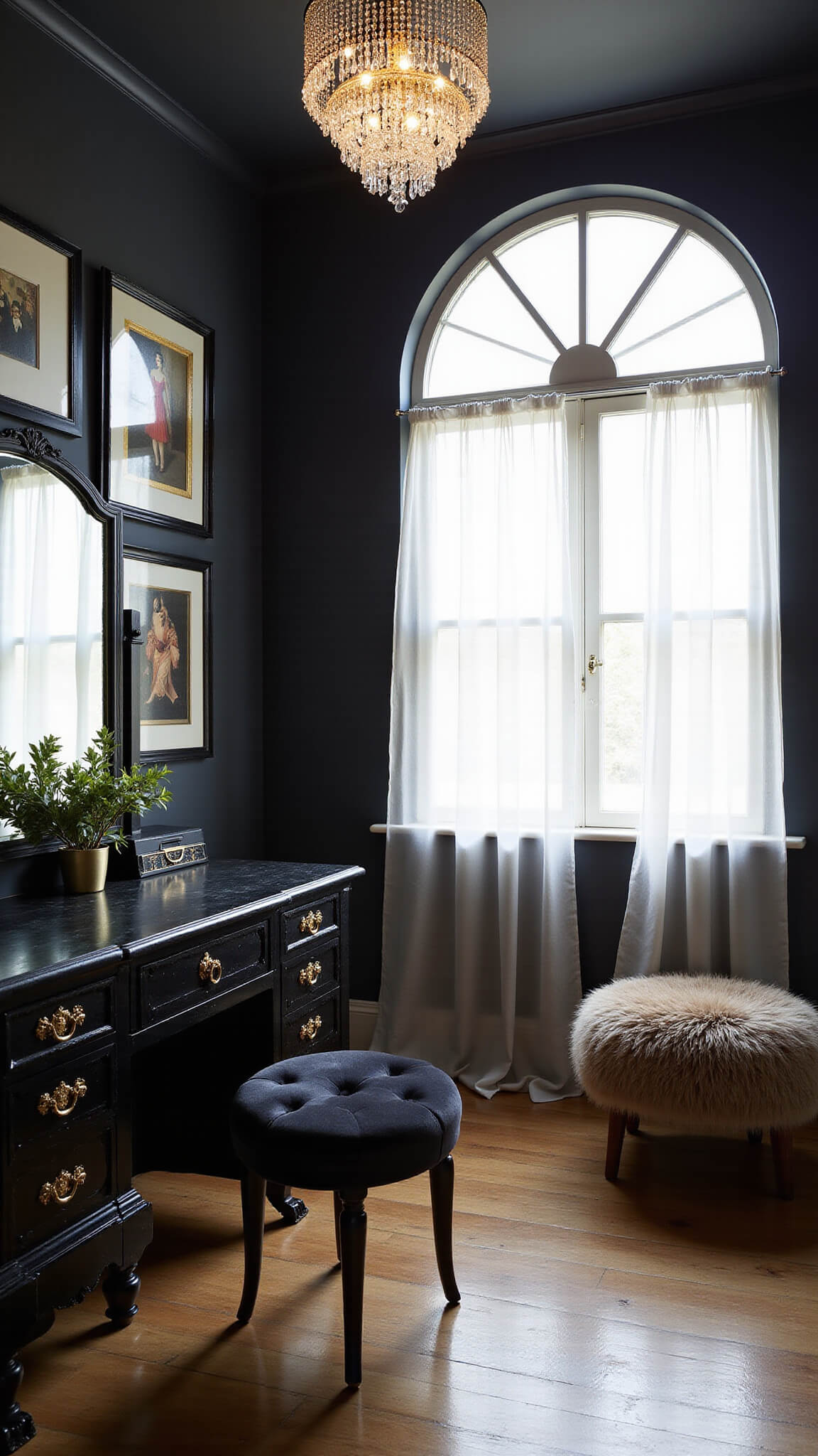 Luxurious black bedroom dressing area with Art Deco black and gold vanity, tufted velvet stool, vintage crystal chandelier, and gold-accented gallery wall, bathed in soft afternoon light.