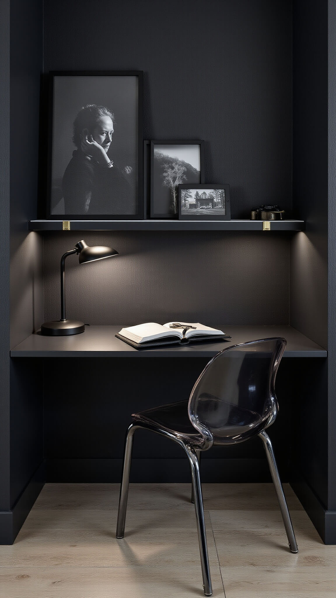 Minimalist black bedroom workspace with floating desk, ghost chair, task lamp, and photo wall in twilight ambiance.