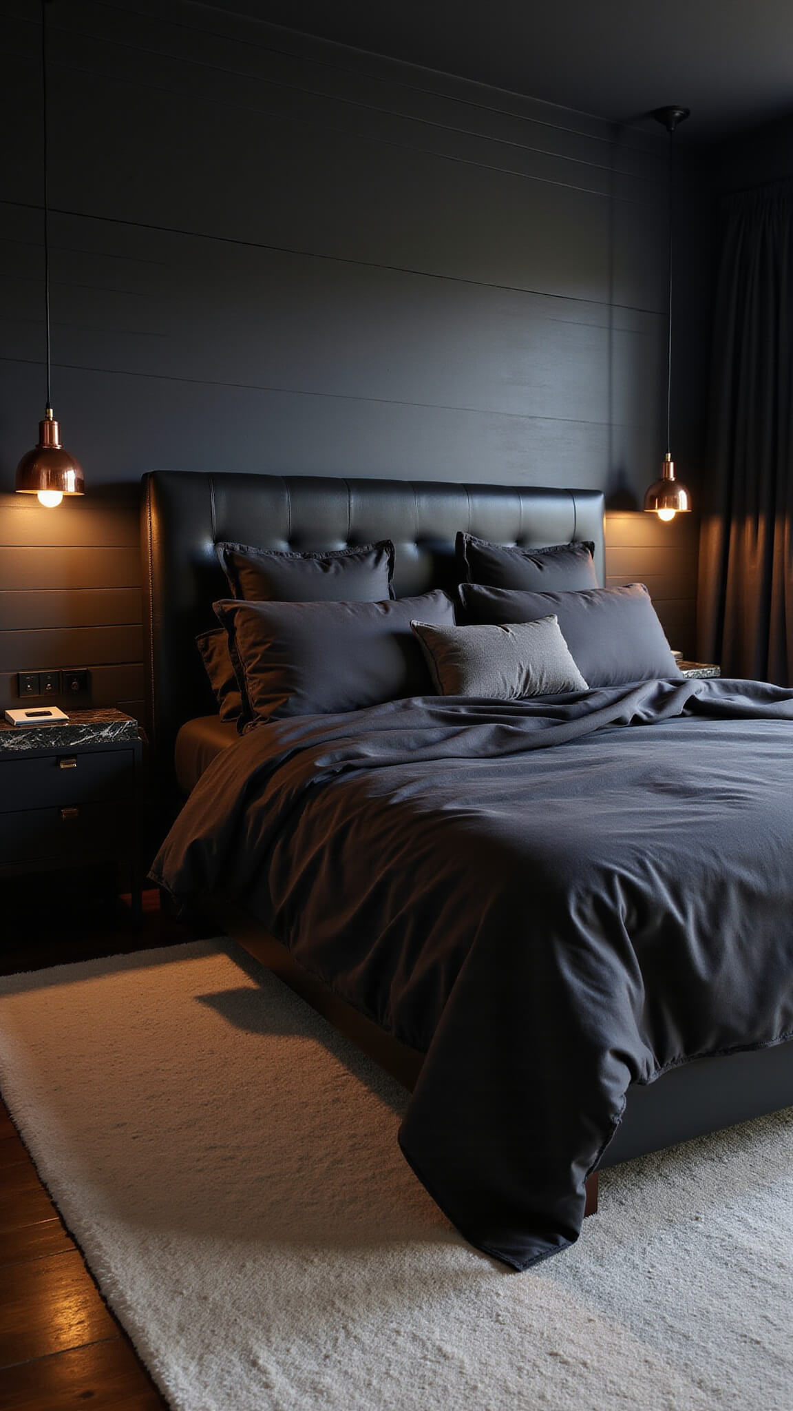 Intimate black bedroom at night with black leather headboard, layered black linens, warm copper pendant lights, and ivory rug for contrast.