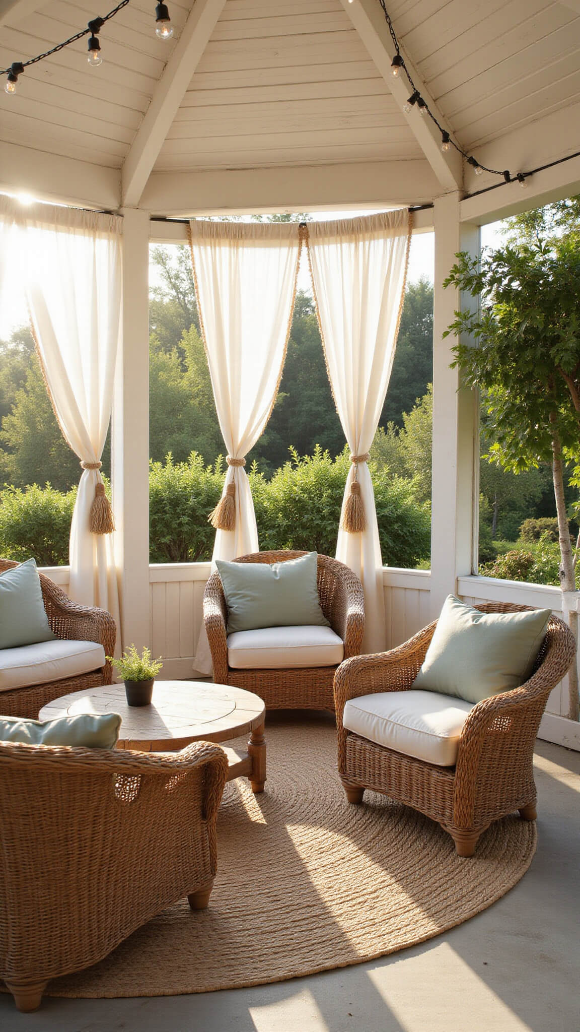 Octagonal white wooden gazebo with vintage wicker furniture, sage and ivory cushions, string lights, and lush greenery, bathed in golden hour light.