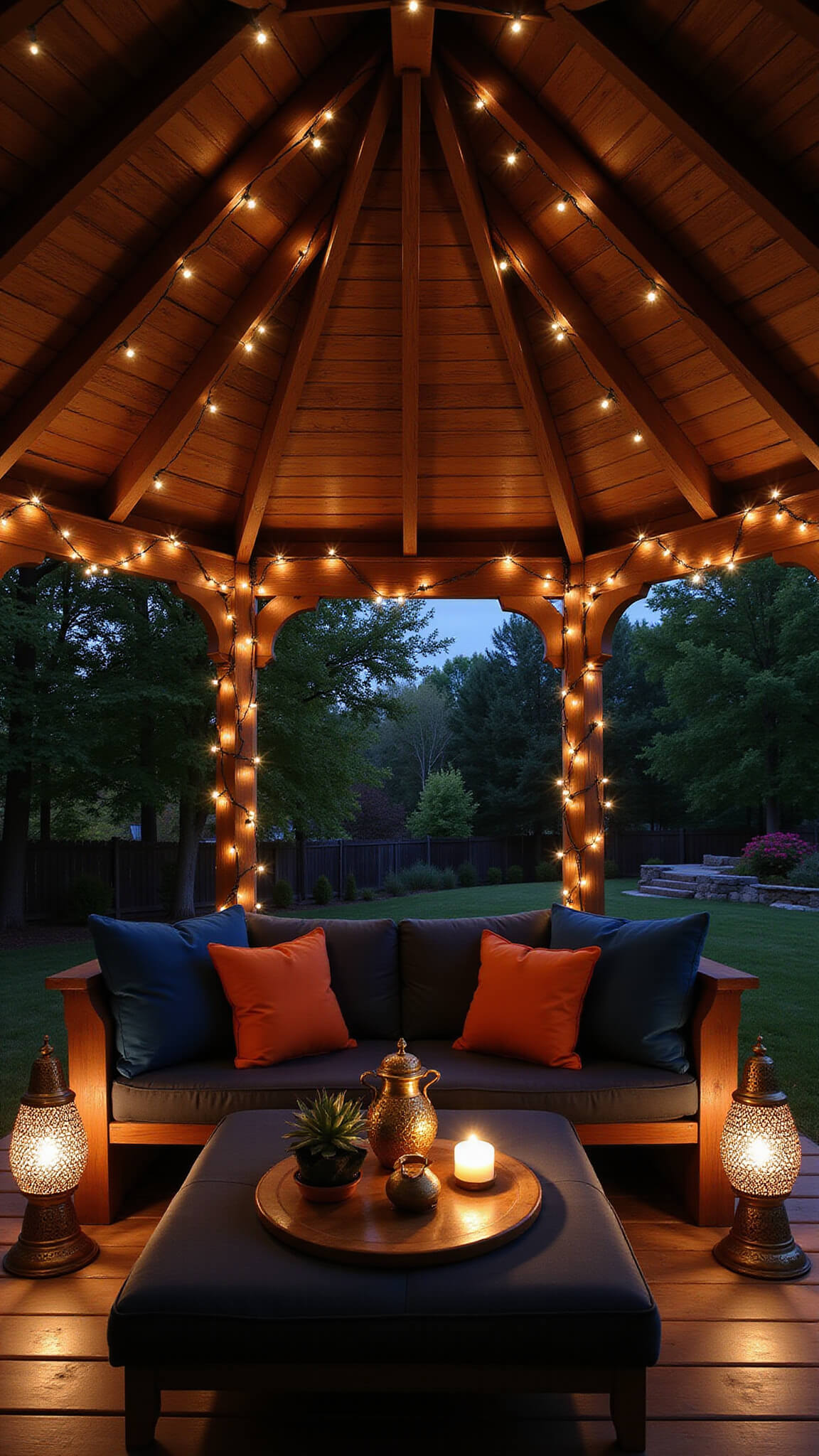 Cozy evening gazebo with Moroccan lanterns, fairy lights, jewel-toned pillows, and metallic accents creating a magical, intimate ambiance.
