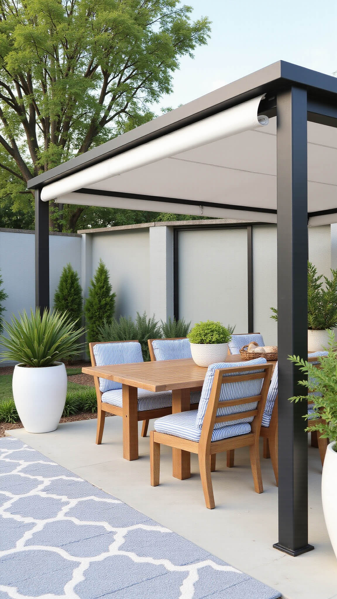 Modern 14x14 ft aluminum-frame gazebo with retractable canvas top, teak dining set for eight with blue and white striped cushions, tropical plants in white planters, and gray and white geometric rug, all captured under bright midday light.