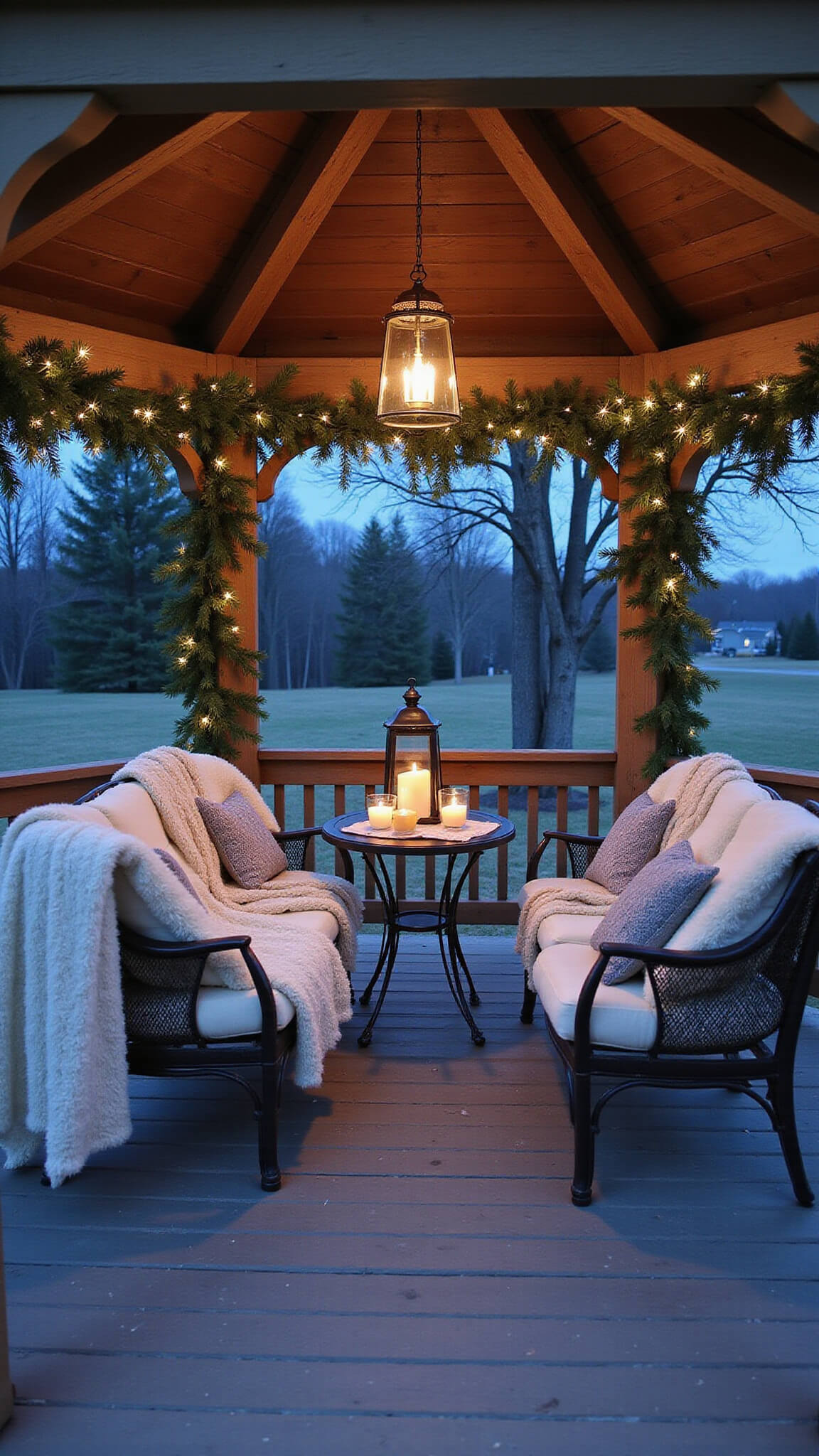 Cozy winter gazebo with faux fur throws, knit pillows, lanterns, evergreen garlands, and twinkle lights at dusk.
