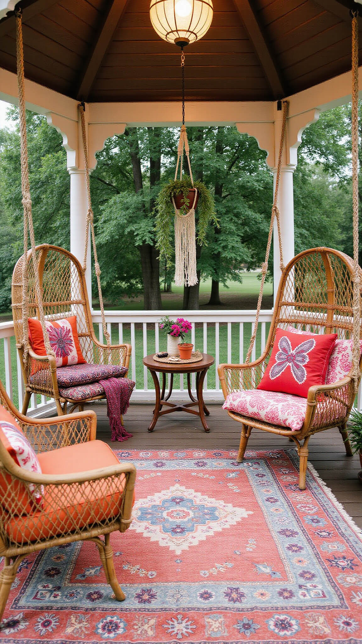 Bohemian summer gazebo with rattan swings, Kilim cushions, layered vintage rugs, macramé plant hangers, market lights, and paper lanterns.