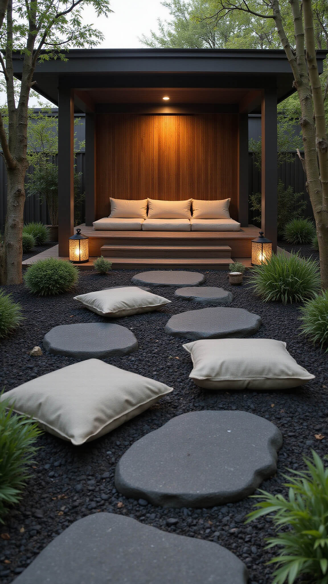 Zen-inspired gazebo at dawn with low platform seating, natural linen cushions, black river rocks, potted bamboo, paper lanterns, and meditation bells in a monochromatic palette with green accents.
