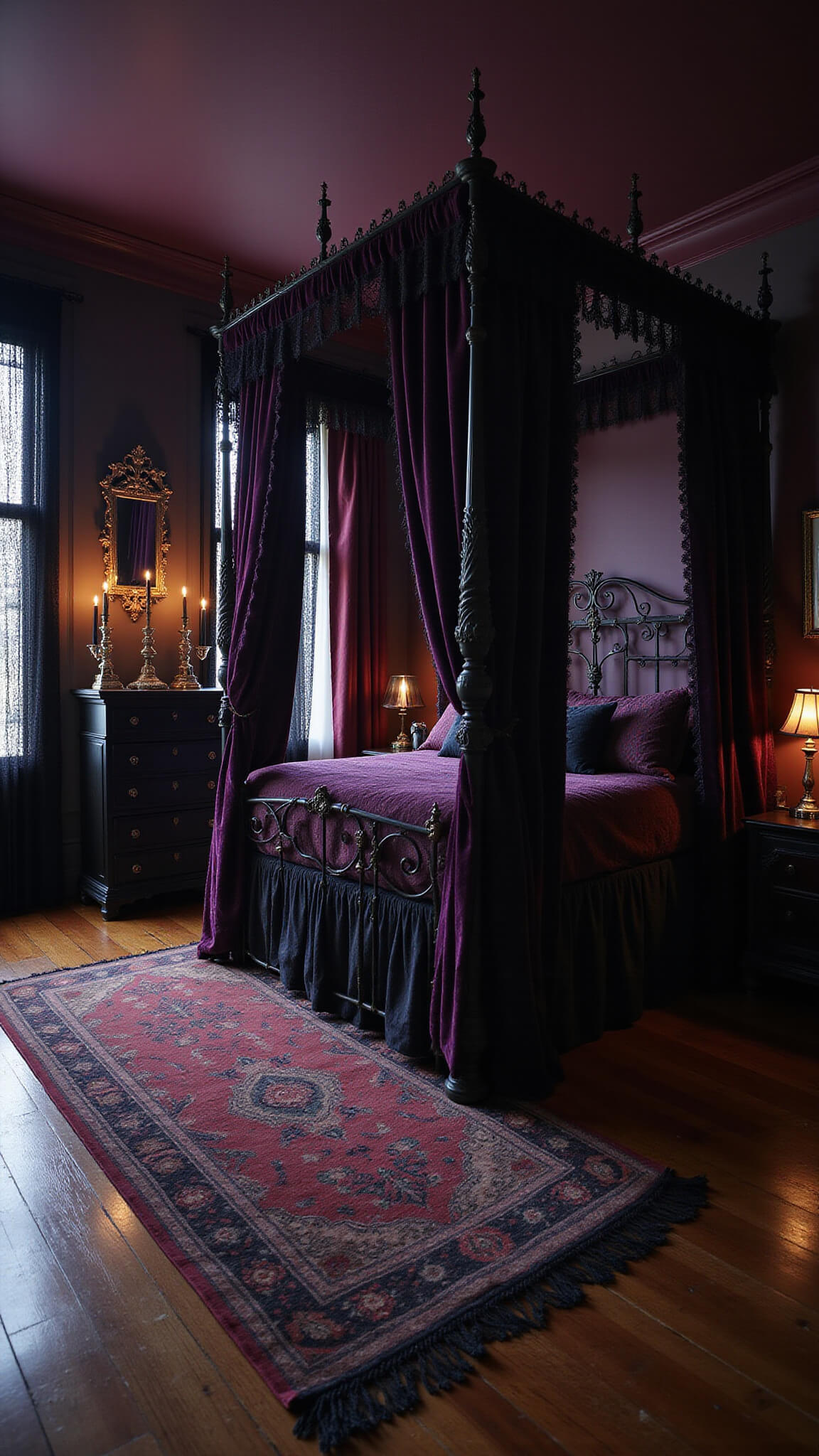 Gothic-style 14x16ft bedroom at twilight with a wrought-iron four-poster bed draped in deep purple velvet, black lace curtains casting shadows, ebony Victorian dresser with silver candlesticks, charcoal and burgundy walls, silver-framed mirror, and a faded crimson Persian rug over dark hardwood floors.