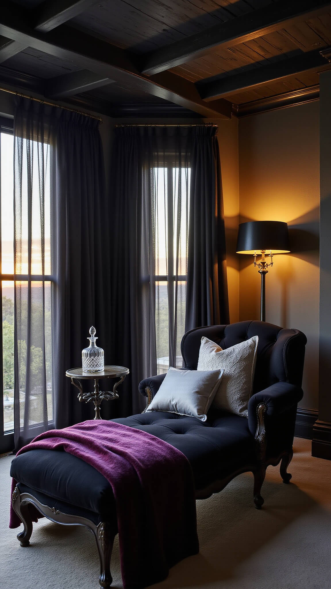Wide-angle view of a gothic boudoir corner with black velvet chaise lounge, silver pillows, deep purple blanket, billowing black sheer curtains, antique brass floor lamp, and crystal decanter on a wrought-iron table under golden hour lighting.