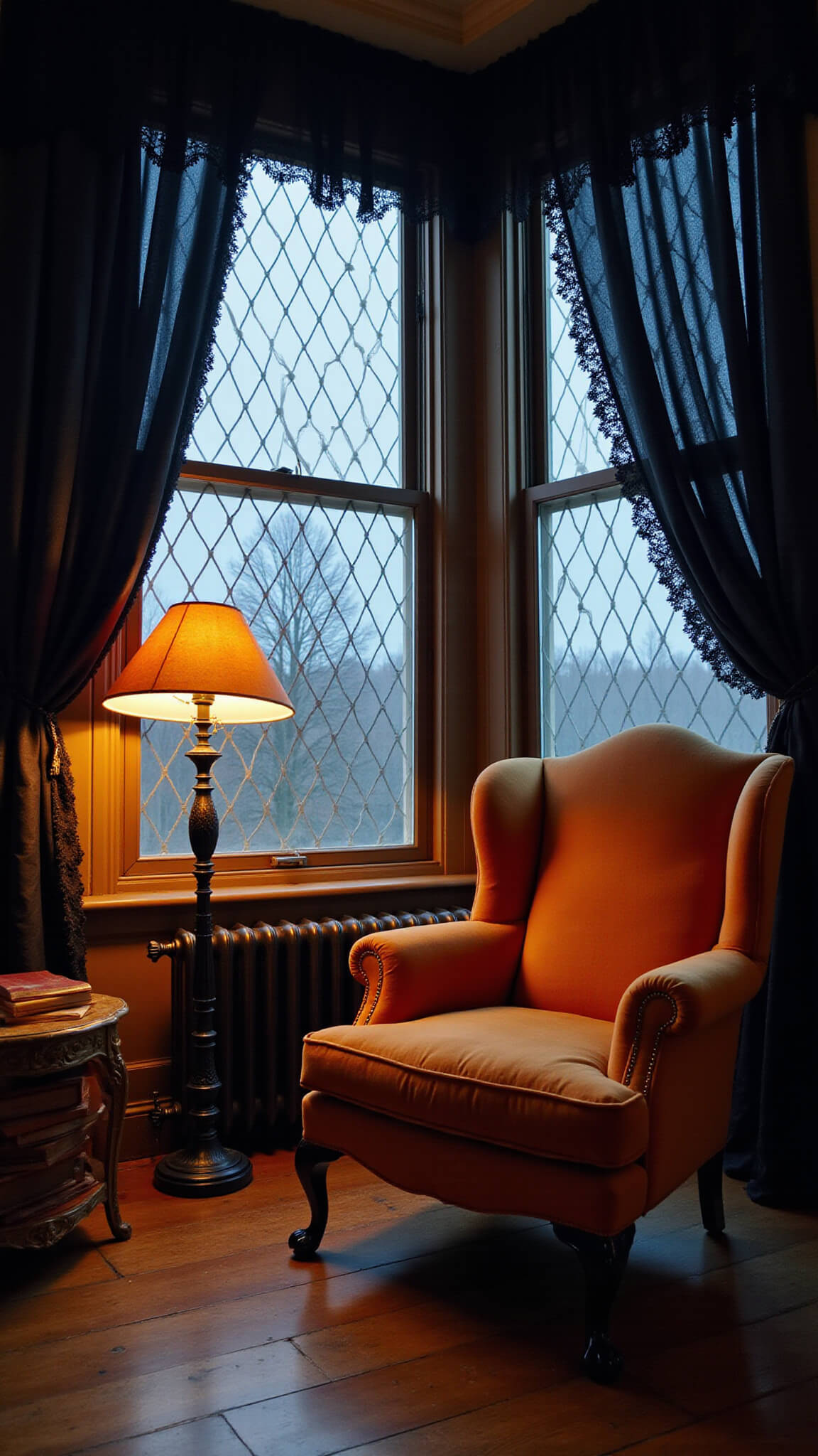 Low-angle view of a gothic reading nook at dusk featuring a burnt orange wingback chair, diamond-paned bay window with black lace and velvet drapes, amber-lit wrought-iron floor lamp, leather-bound books on an antique side table, and ornate black cast iron radiator.