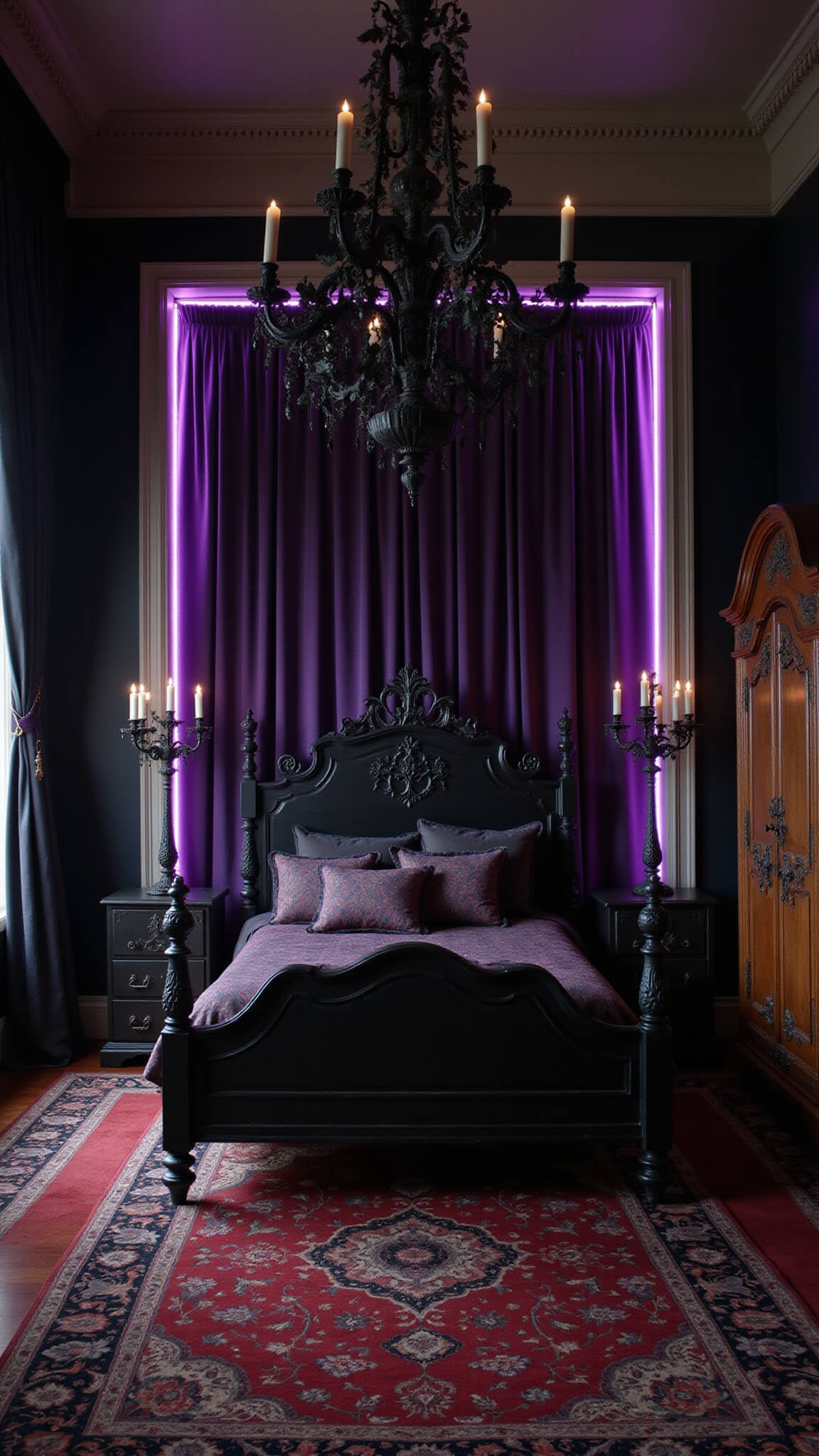 Gothic bedroom at night with cathedral ceiling, black chandelier, queen bed flanked by wrought-iron candlesticks, dramatic drapes, antique armoire, oriental rug, and purple LED lighting.