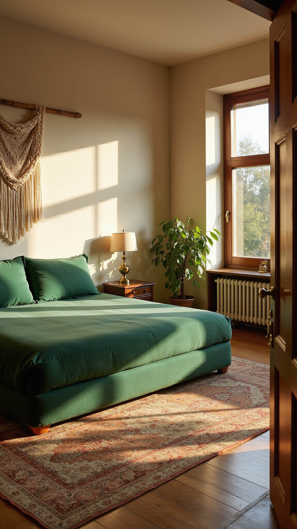Sunlit 14x16ft bedroom with emerald green velvet king bed, ivory textured wall, vintage brass lamp, layered Persian and jute rugs, macramé wall hanging, and lush potted plants.